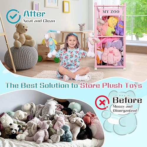 Miniatura 4 de Zoo de almacenamiento de animales de peluche con ruedas, organizador de animales de peluche de madera con cordones elásticos, soporte de