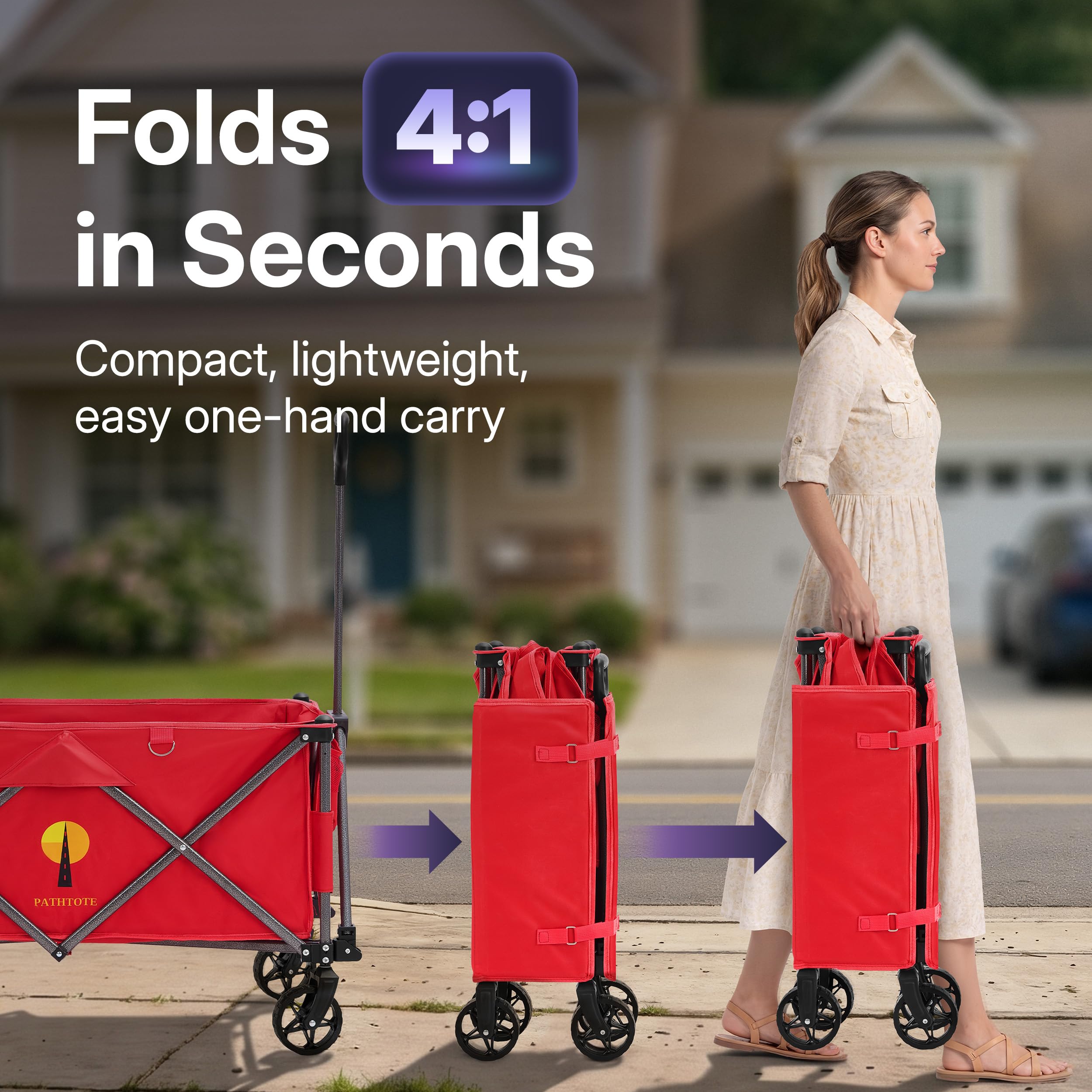 39" L Collapsible Wagon with All-Terrain Wheels, 460 lbs Foldable Cart with Detachable Flashlight, Pockets & Flexible Steering Handle, Red Utility Heavy Duty Folding Beach Wagons Carts — Amazon image 4