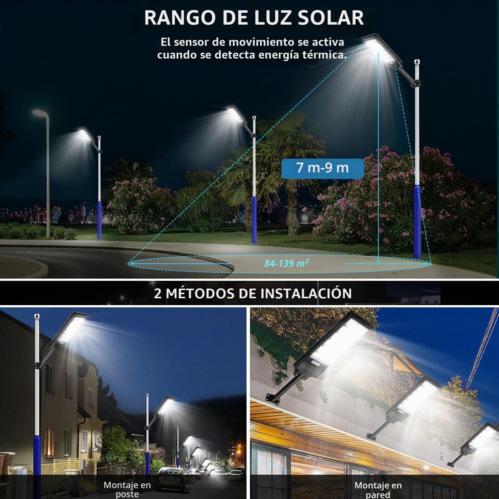 Viugreum 600W Farola Solar Exterior con Mando a Distancia - 6500K Foco con Sensor de Movimiento - 1080 LEDs IP66 Impermeable para Patio y Jardín