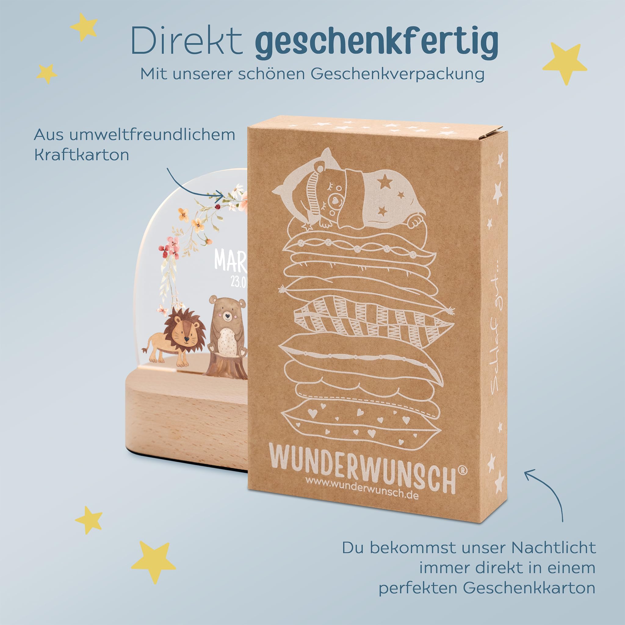 wunderwunsch® - Personalisiertes Nachtlicht für Babys - Individuelle Nachttischlampe für Kinder - Personalisierte Geschenke Kinder - Babygeschenk - Geschenk zur Geburt