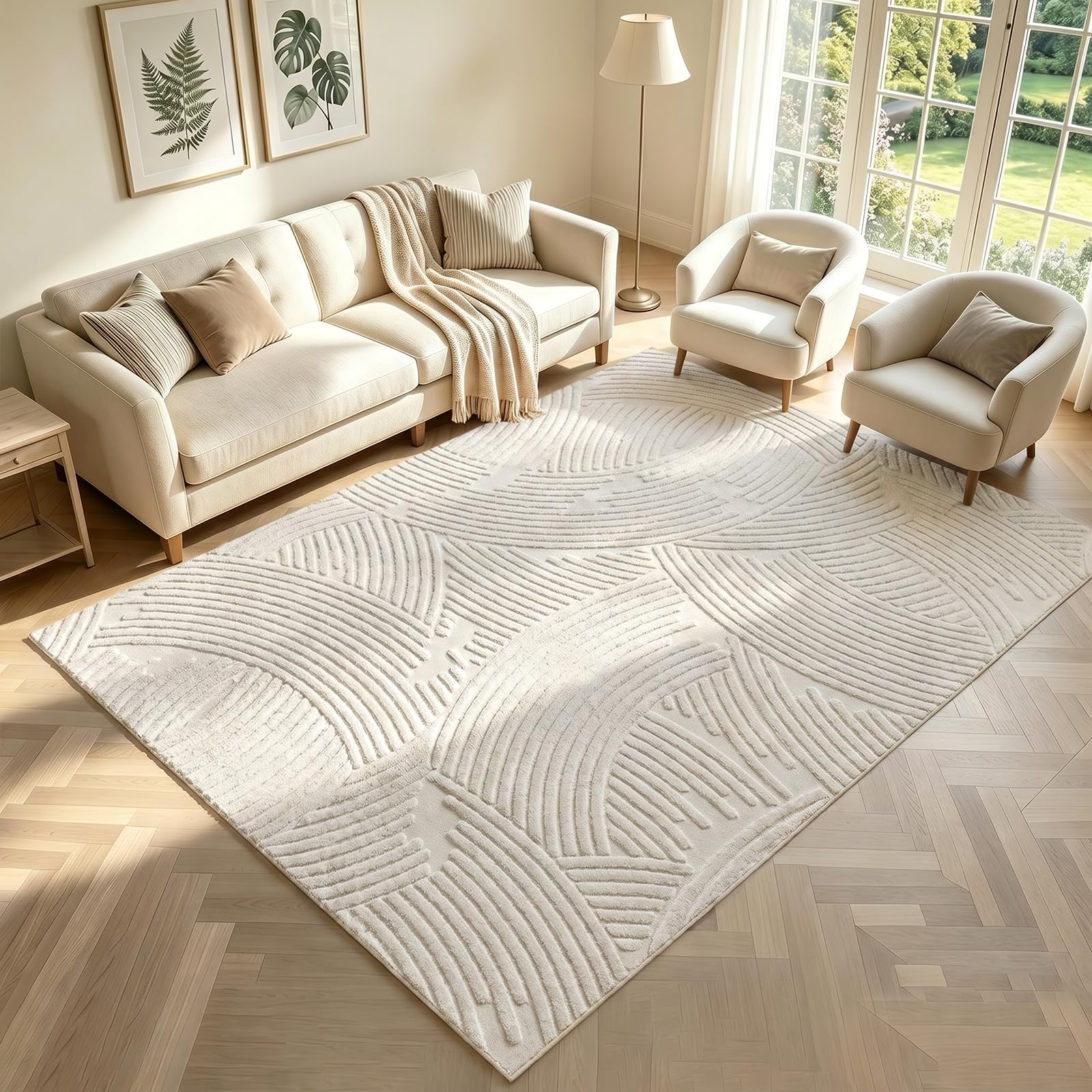 Homodeco Washable Area Rug for Bedroom 120x160 cm, Beige Soft Fluffy Modern Geometric Carpet with Non Slip Backing, Low Pile rugs living room for Dining Room Home Office