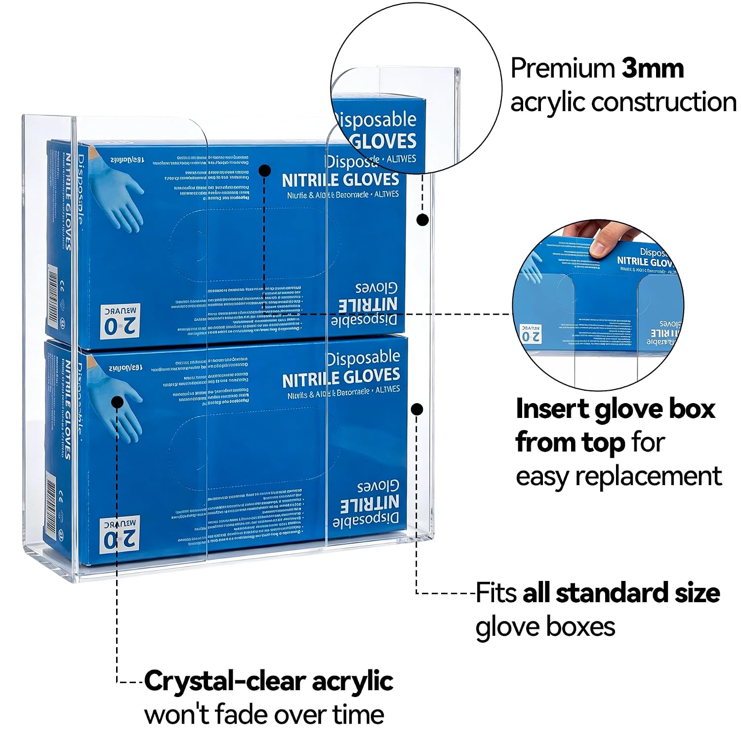 Double Glove Box Holder Wall Mount, Acrylic Disposable Rubber Glove Dispenser for Lab Kitchen Medical, Clear