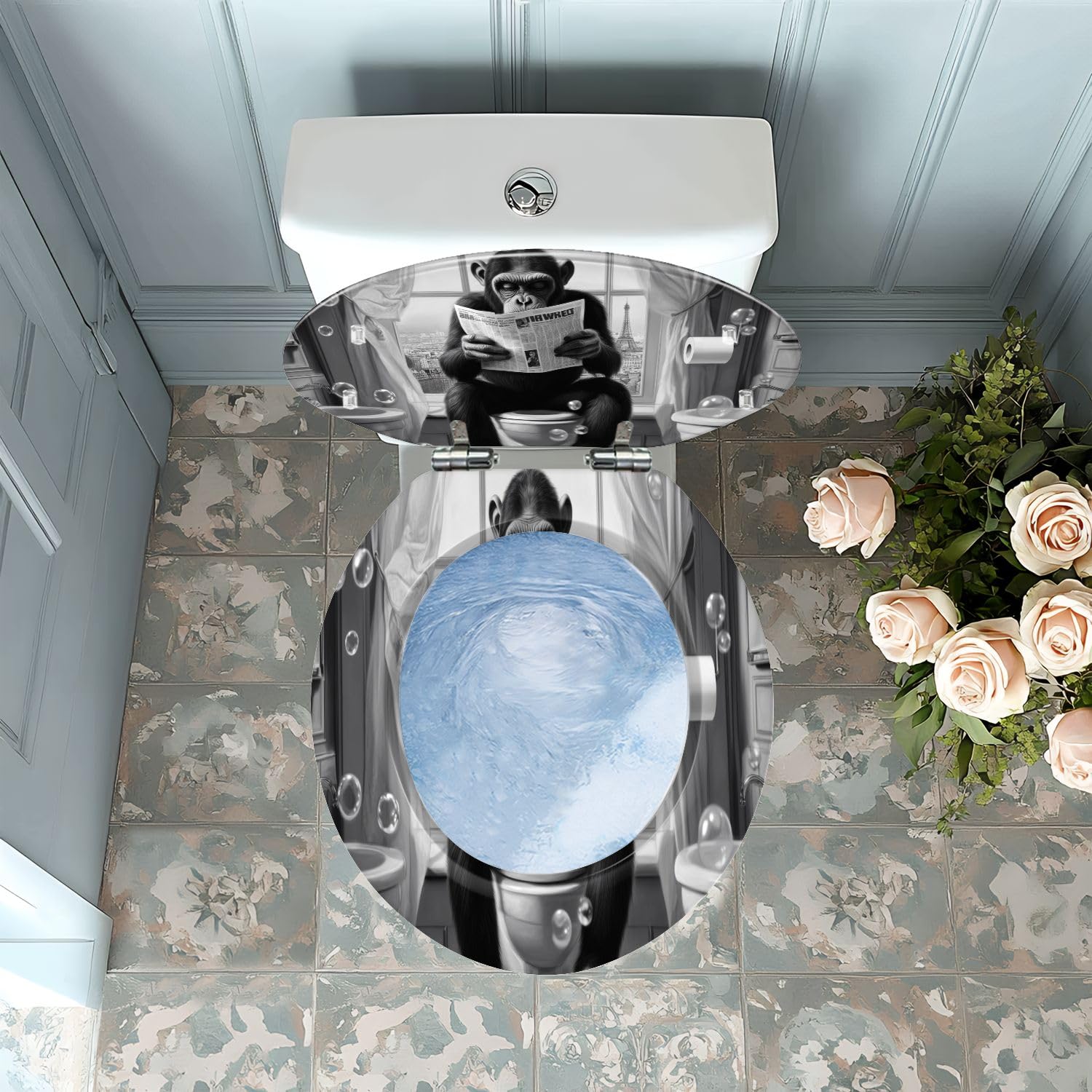 Asiento de inodoro decorativo con bisagras de liberación rápida para baño.