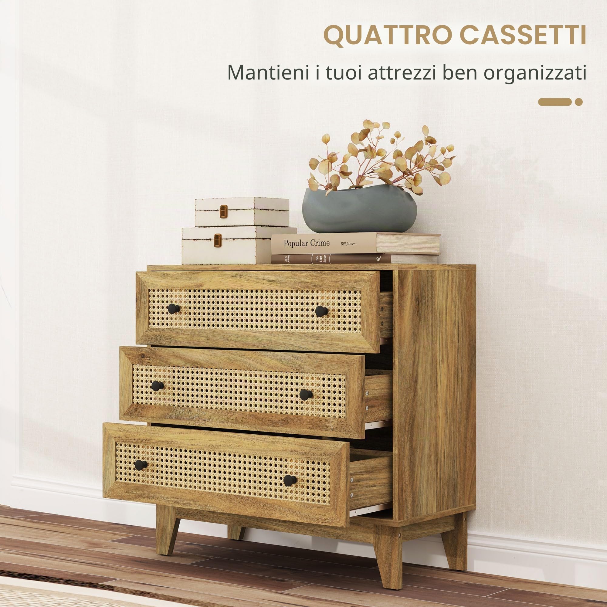 HOMCOM Cassettiera 3 cassetti 80x35x76cm Effetto legno chiaro
