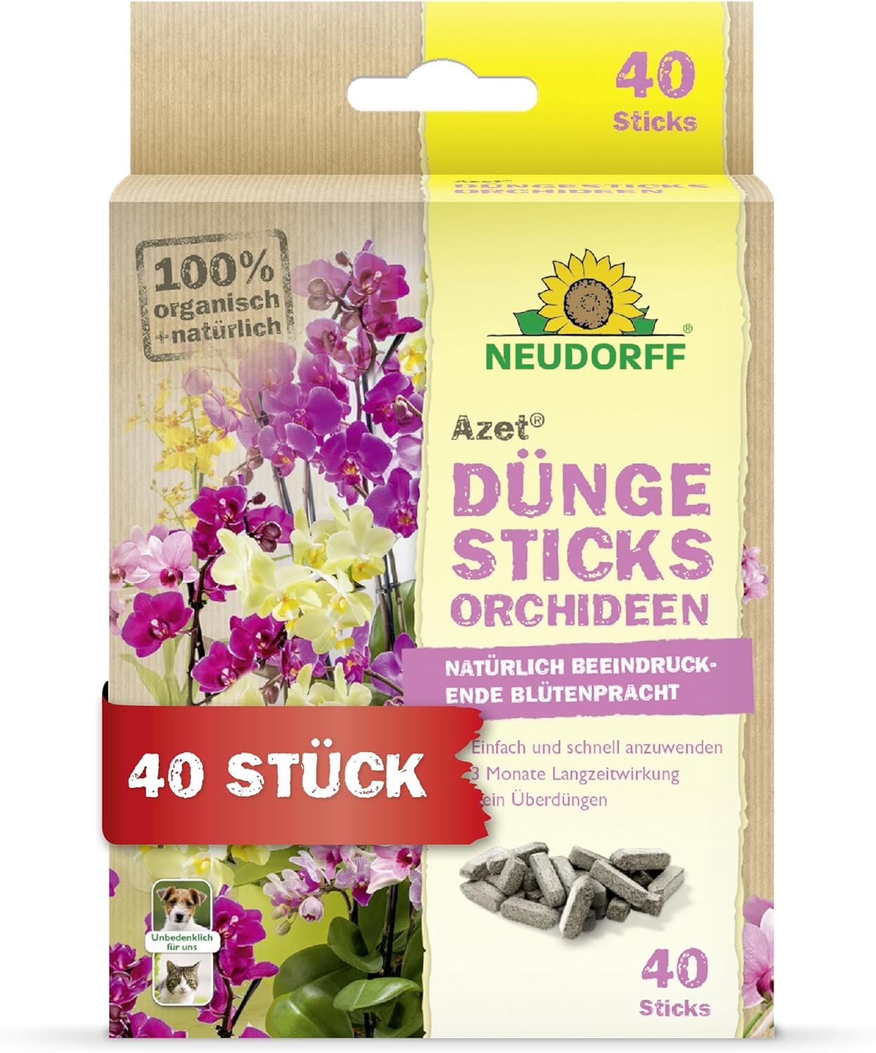 Neudorff Azet DüngeSticks für Orchideen – Bio Orchideendünger sorgt für üppig blühende Orchideen mit 2 Monaten Langzeitwirkung, 40 Stück
