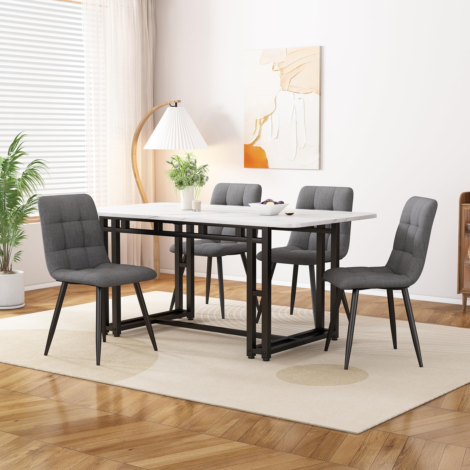 Juego de Comedor Mesa y 4 Sillas, Conjunto de Mesa y Silla Comedor 5 Piezas, 117x68x75 cm Mesa de Comedor Rectangular, Dining Table and Chair Set, Terciopelo Silla de Cocina (Grey)