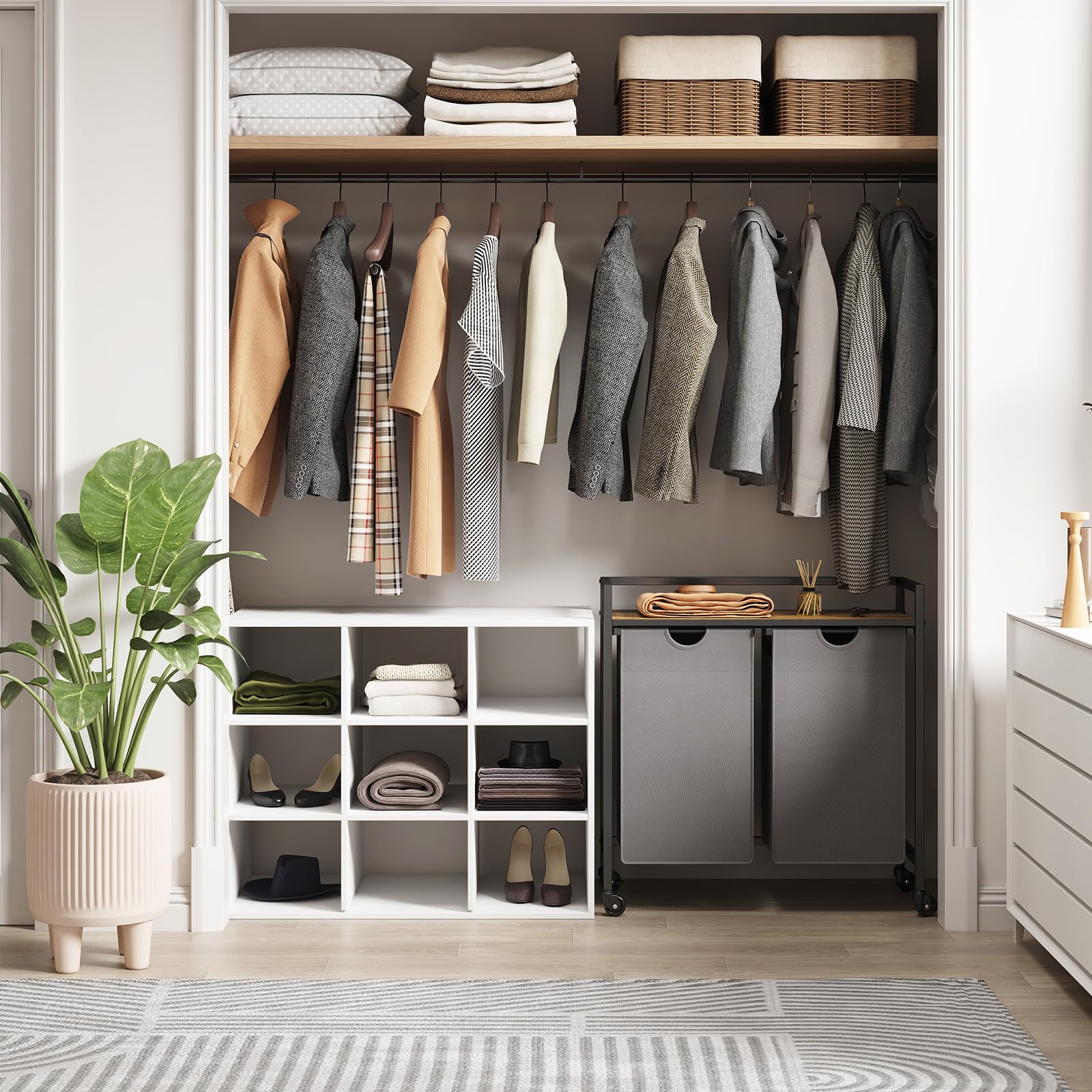 Lifewit Cesto para la Colada con Ruedas, Cestos de Ropa Extraíbles, Balda Superior Grande y Bolsas Extraíbles con Asas, Clasificador de Ropa para Lavadero, Baño, 2 Compartimentos, 95 L, Gris