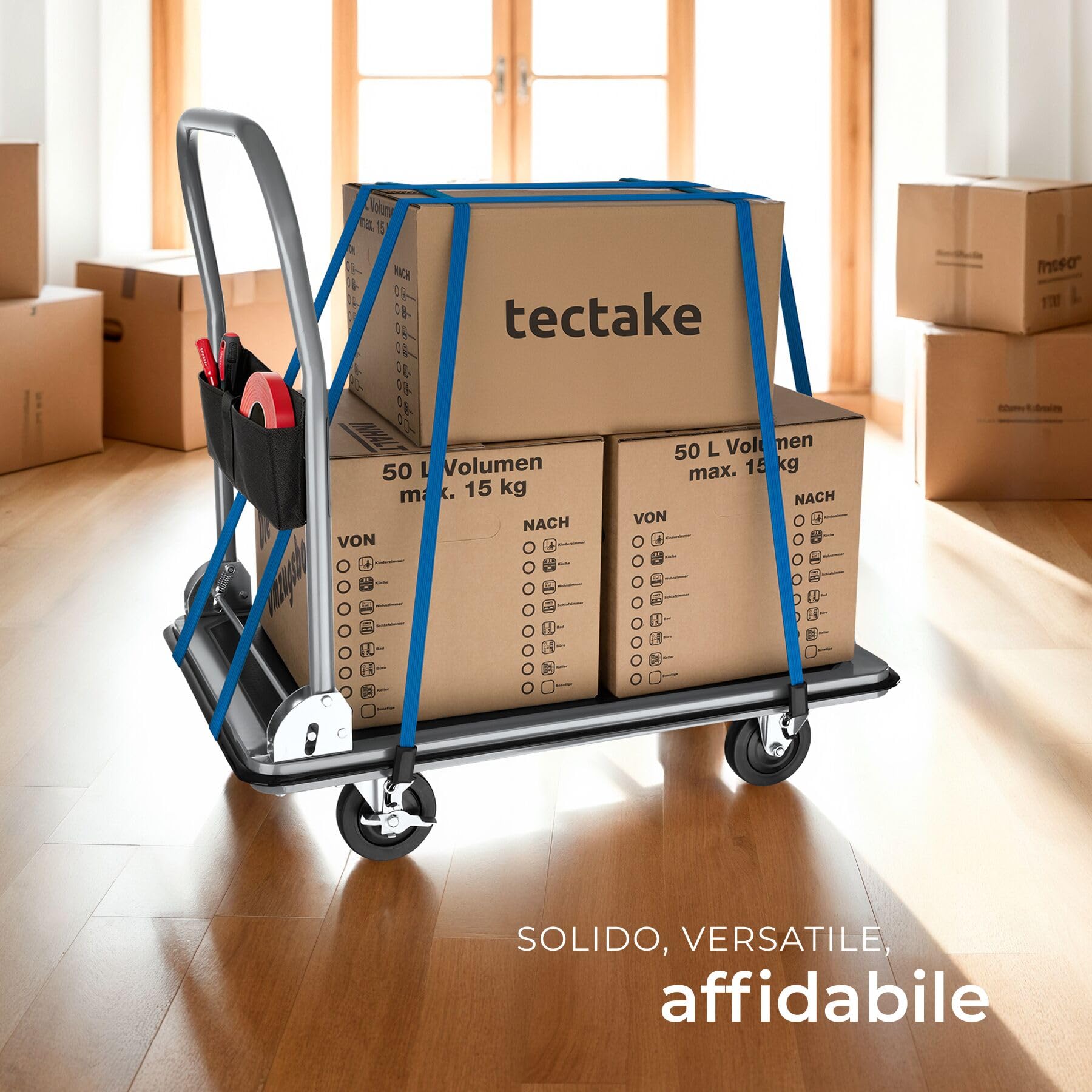 tectake® Carrello con ruote portatutto 73x47x83 cm Carrello Portapacchi Pieghevole Acciaio con Pianale Portapacchi, Carico Max 300kg, Maniglia, 2 Ruote Fisse 2 Ruote Girevoli, Ideale Magazzino - Nero