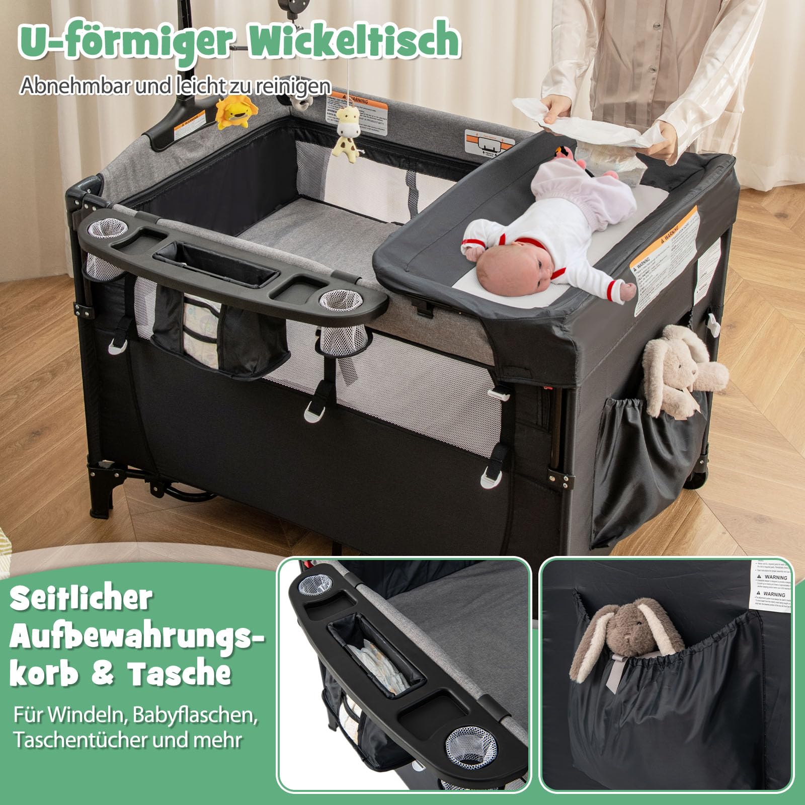 DREAMADE 5 in 1 Reisebett Baby, 120 x 60cm Beistellbett mit Matratze & Wickeltisch, Spieluhr & Spielzeug, höhenverstellbares Babybett für Baby ab Geburt(Dunkelgrau)