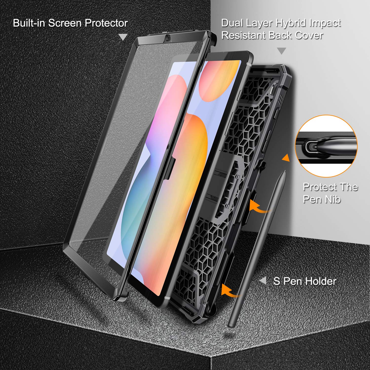Fintie etui odporne na wstrząsy do Samsung Galaxy Tab S6 Lite 2022/2020 10,4 cala, wytrzymałe etui z podpórką i wbudowanym ochraniaczem ekranu do Galaxy Tab S6 Lite, czarne