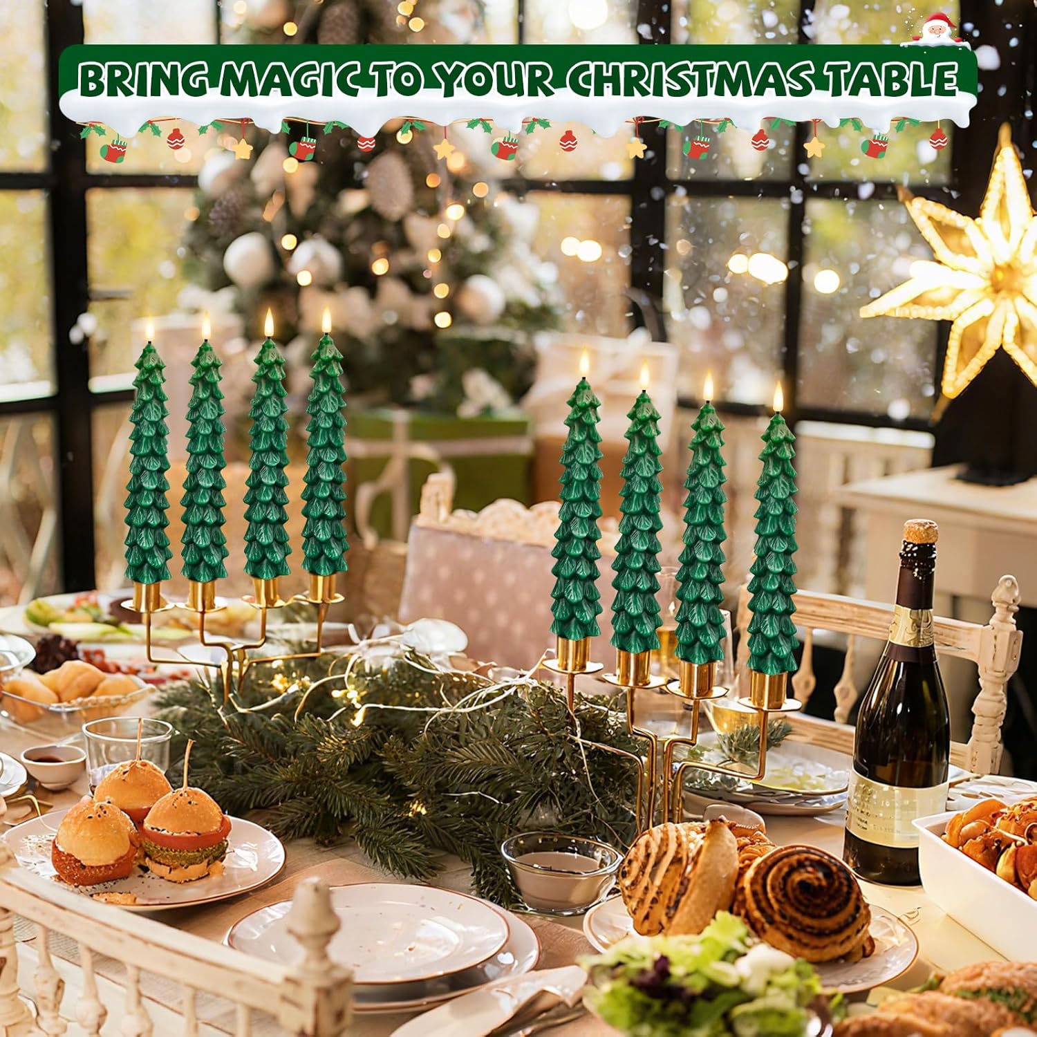 4 Pack Flameless Christmas Tree Candles with Remote, 9.8” LED Battery Operated Taper Candles, Green 3D Flickering Candlesticks for Holiday Home Decoration (Green)