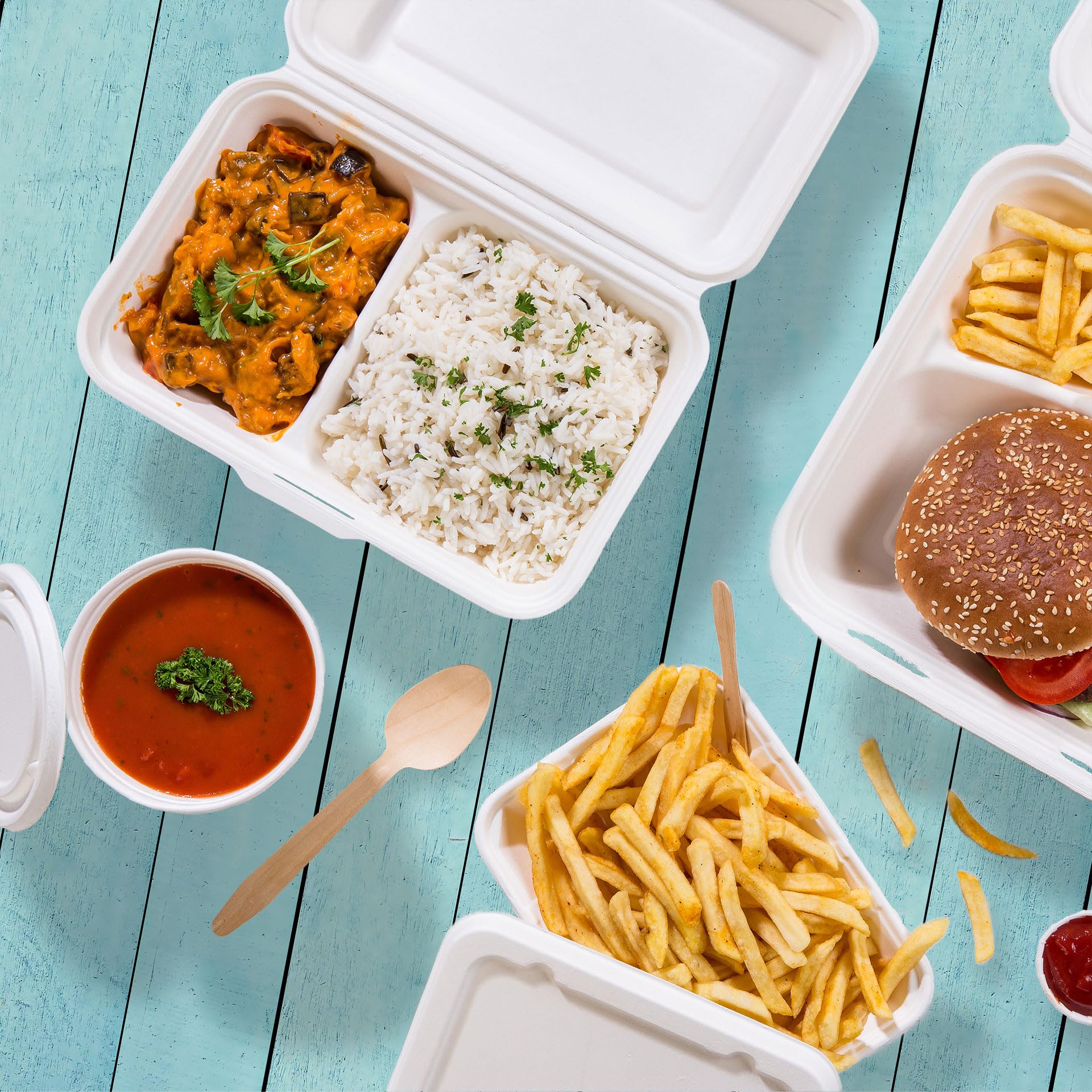 BIOZOYG Cuenco orgánico desechable biodegradable de bagazo de caña de azúca r650ml I Caja almuerzo 2 divisiones con tapa I 500 cuencos rectangular para menú 25 x 16,5cm blanco