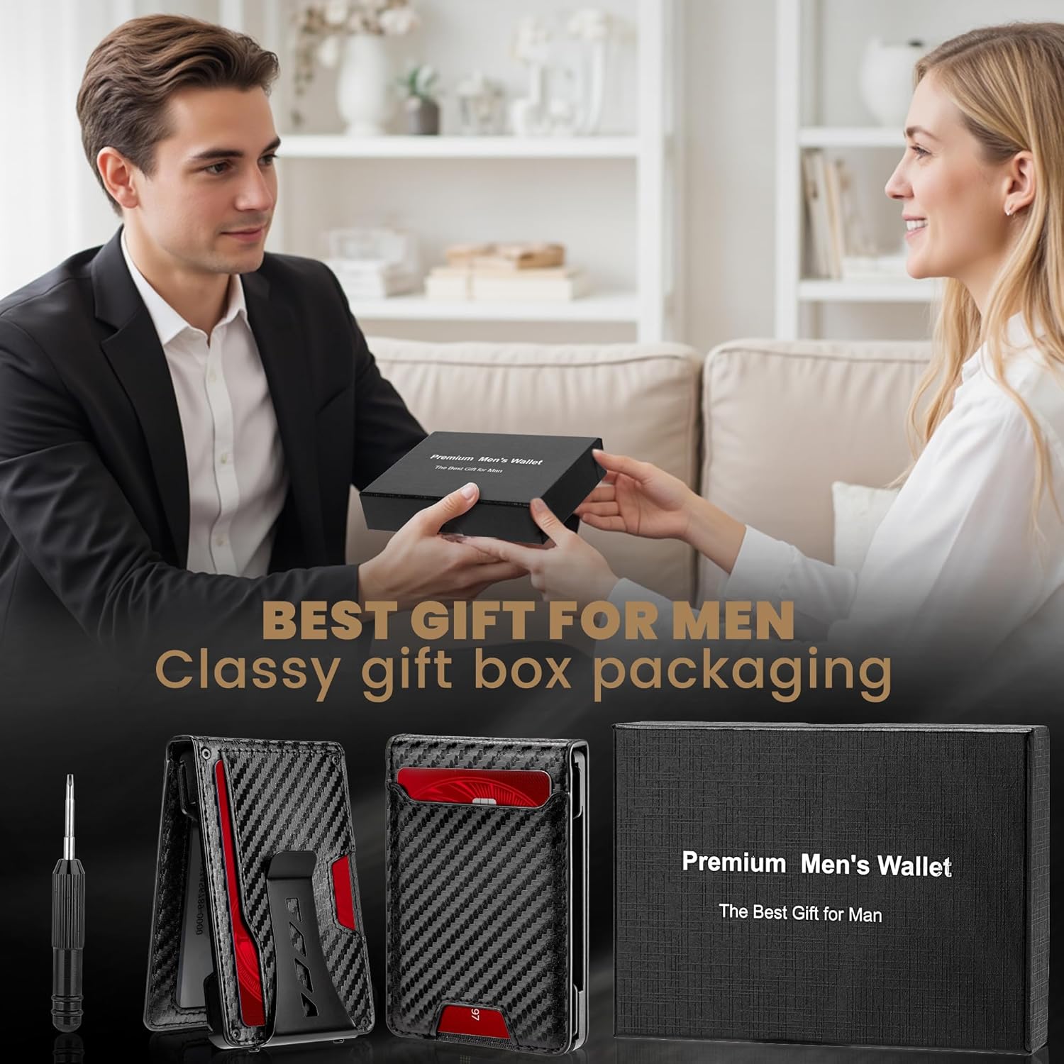 Airzoo Wallet for Men Newly Upgraded Magnetic Minimalist Slim Men’s Wallet, RFID Blocking Mens Wallet with Money Clip & ID Window, Metal Compact Wallet with Nice Gift Box (Carbon Fiber)