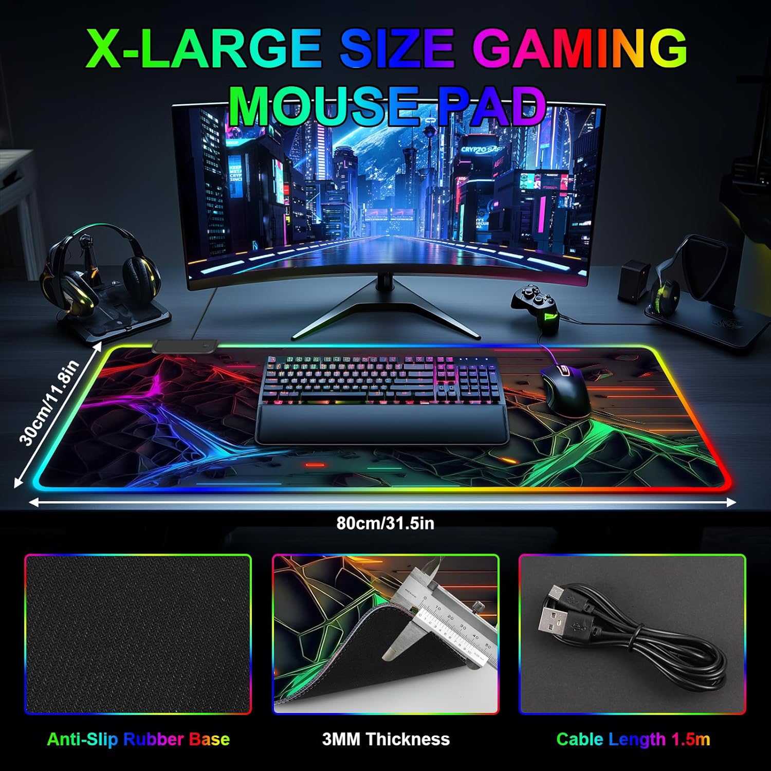 RGB Mouse Pad Gaming Mousepad, Large Desk Pad with LED Light 13 Light Modes Touch Control Extended Soft Computer Keyboard Mat Pad with Non-Slip Rubber Base Desk Mat for Office & Home(31.5"X11.8")