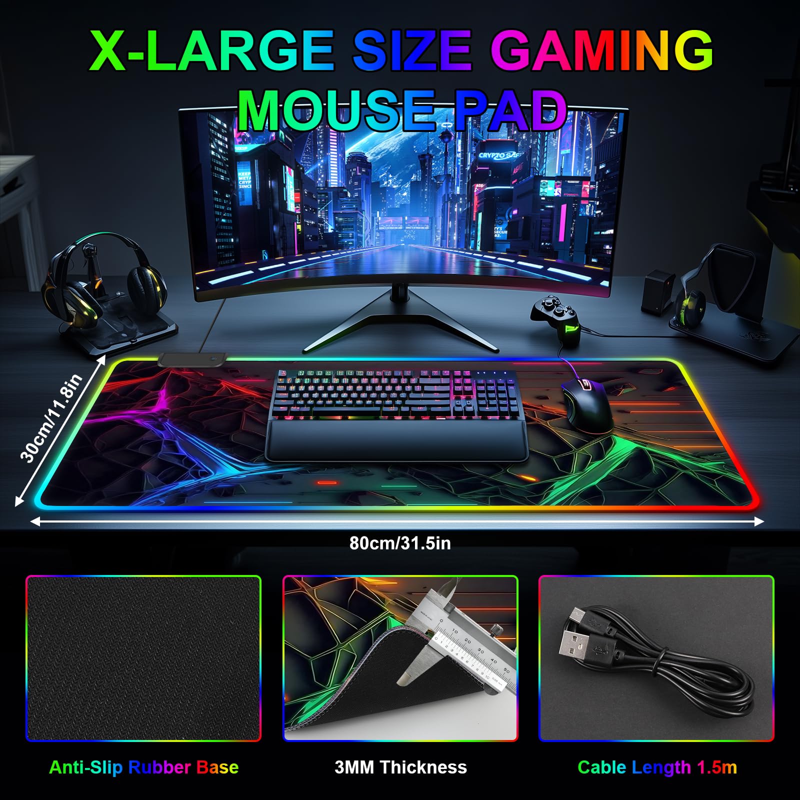 Tappetino per mouse RGB da gioco, grande tappetino da scrivania con luce LED, 13 modalità di illuminazione, controllo touch, morbido, esteso, con base in gomma antiscivolo, per scrivania per ufficio e
