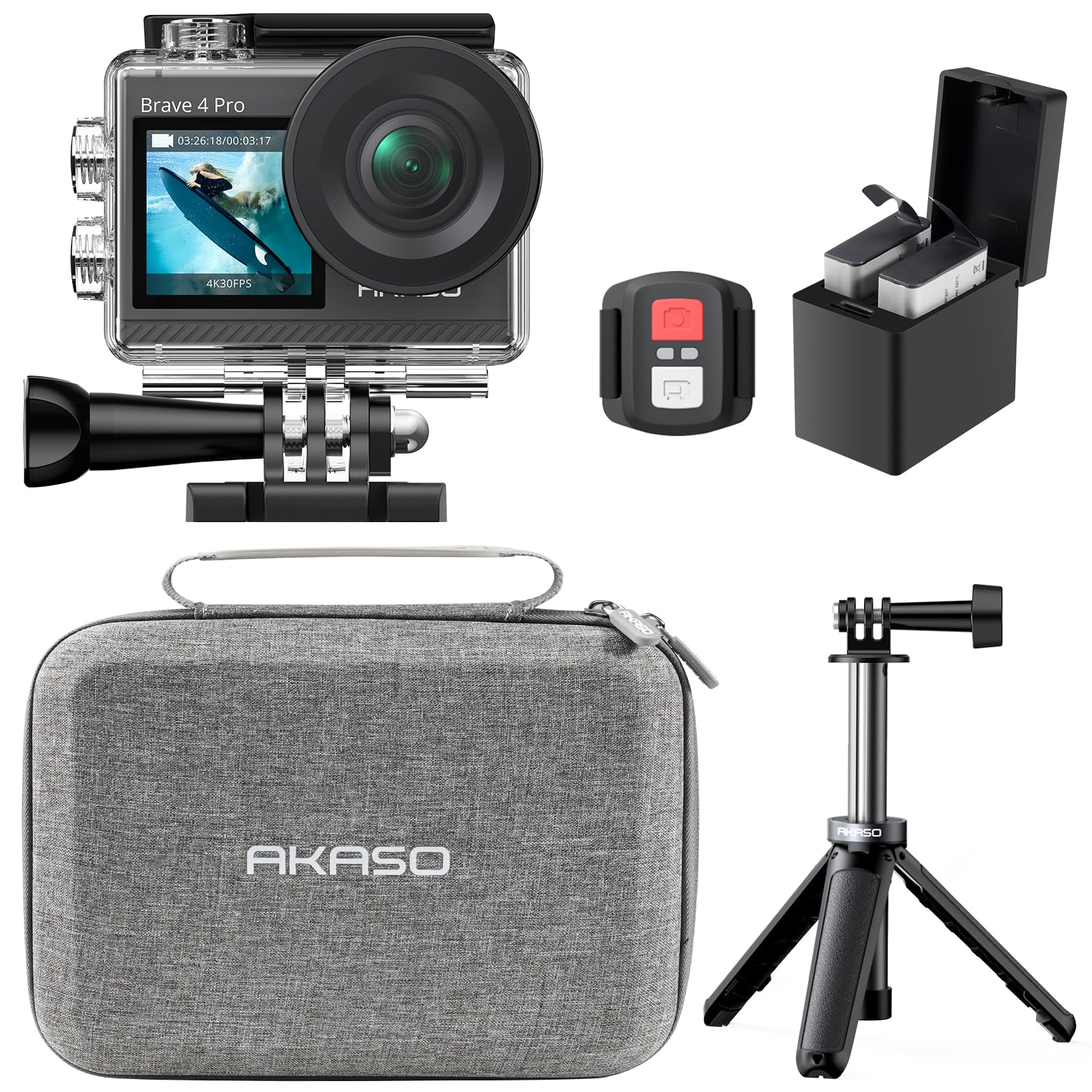 AKASO Brave 4 Pro Action Cam 4K 40M con 60cm Treppiede e Custodia Protettiva, Videocamera 20MP WiFi 170° Grandangolare Doppio Schermo EIS Stabilizzazione, Touch Screen, 5x Zoom