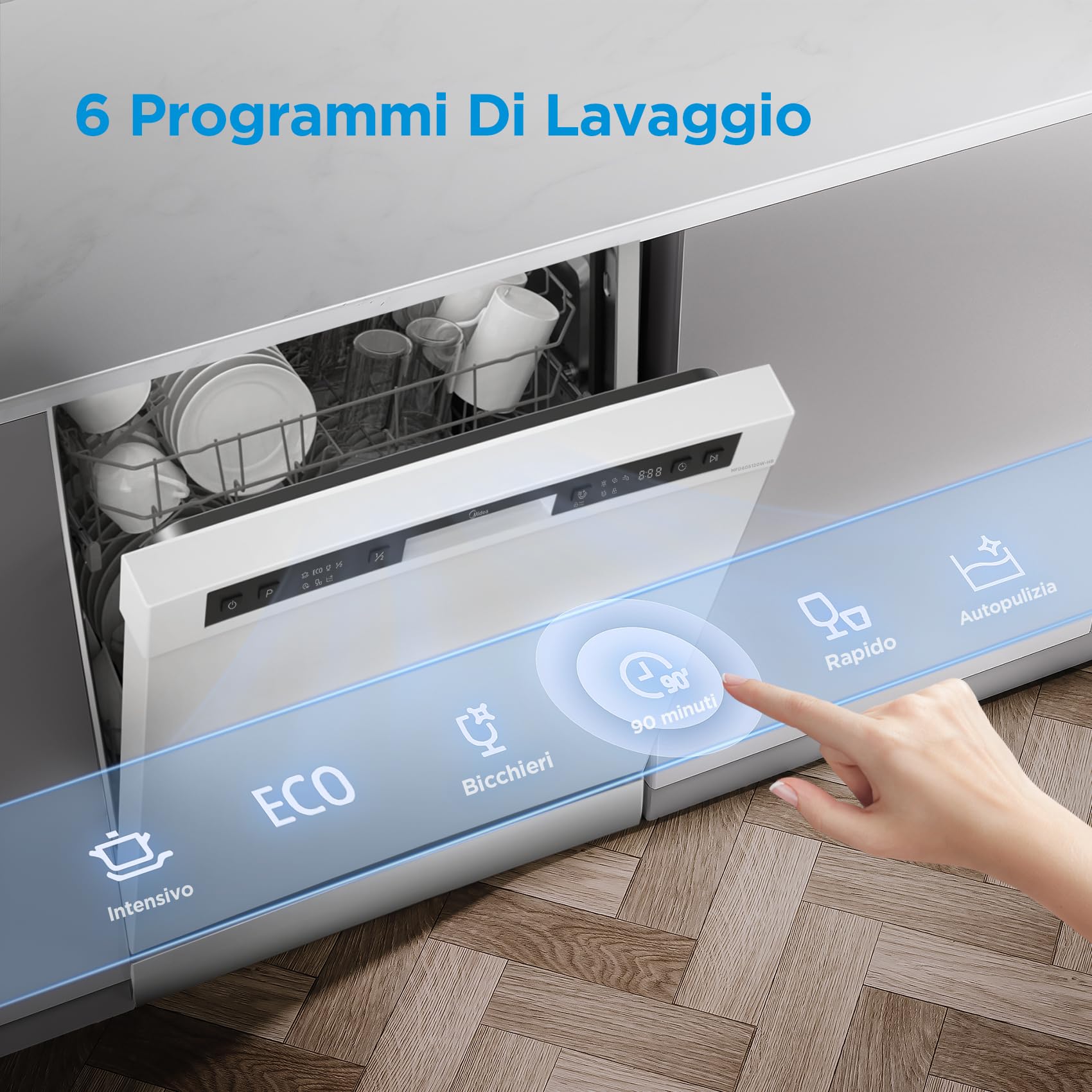 Midea MFD60S120W-HR Lavastoviglie Libera Installazione con 12 coperti, 6 Programmi, Partenza Ritardata, Funzione di Mezzo Carico, 60 cm - Bianco