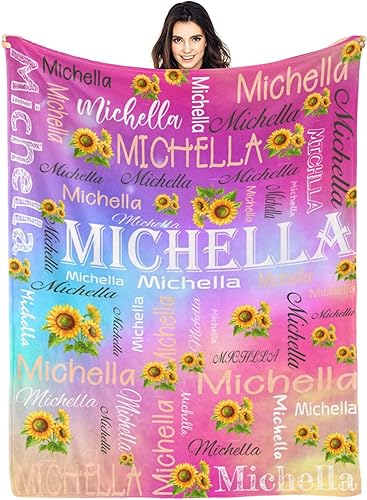 Manta personalizada con nombre, manta personalizada con texto de girasol, regalo personalizado para el día de San Valentín, día de la madre,