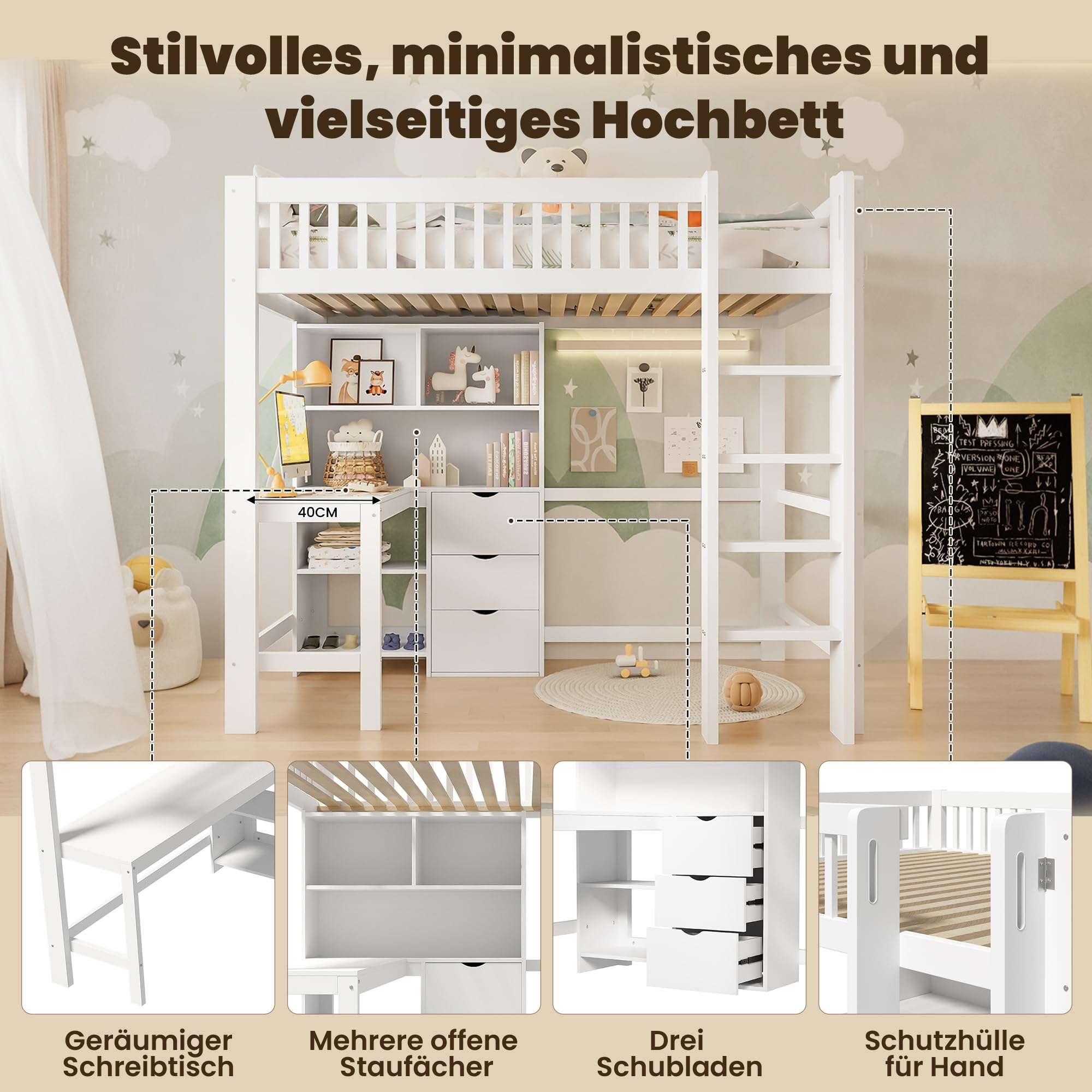 Hochbett, 90x200 cm, mehrere Ablagefächer, Leiter, Schreibtisch, 3 Schubladen, ohne Matratze,Weiß
