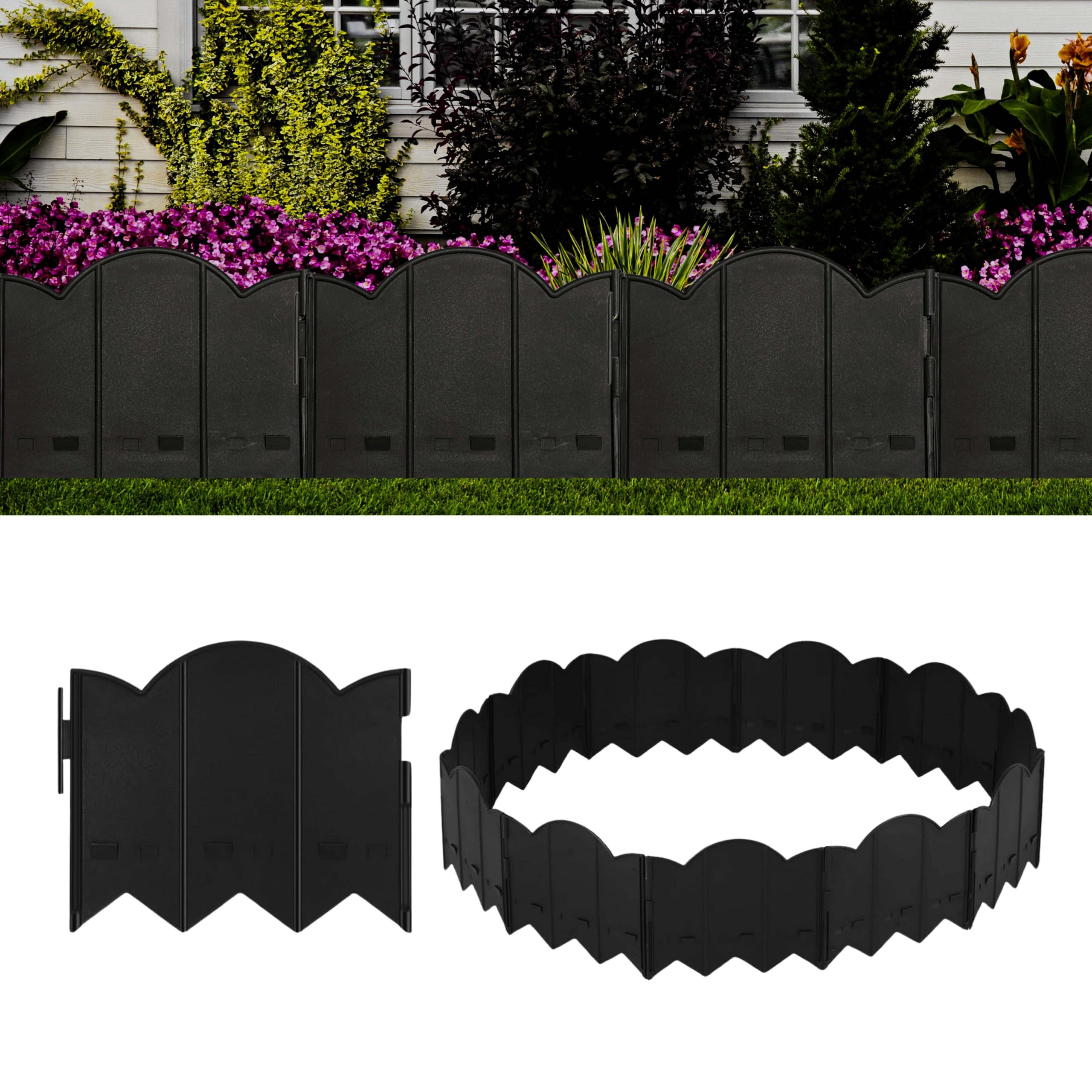 ADEPTNA Lawn Edging Border - Pack of 15, 3m Total Length – Weather-proof Hammer-in Garden Edging for Flowerbeds, Lawns, and Pathways – Easy to Install Landscaping Fence (BLACK)