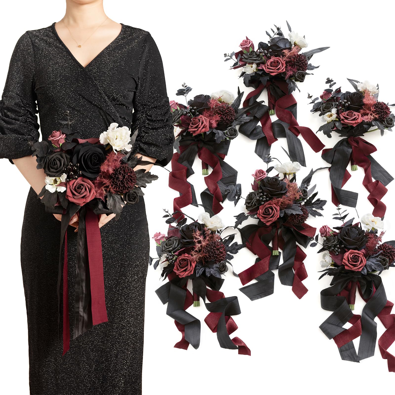 Amazon.com: Ling's moment Black Bridesmaid Bouquets Set of 6 Burgundy  Artificial Wedding Flower Bouquets Floral Bouquet Gothic Bridesmaid Bouquets  with Ribbon Ceremony,Anniversary,7-inch Diameter : Home & Kitchen