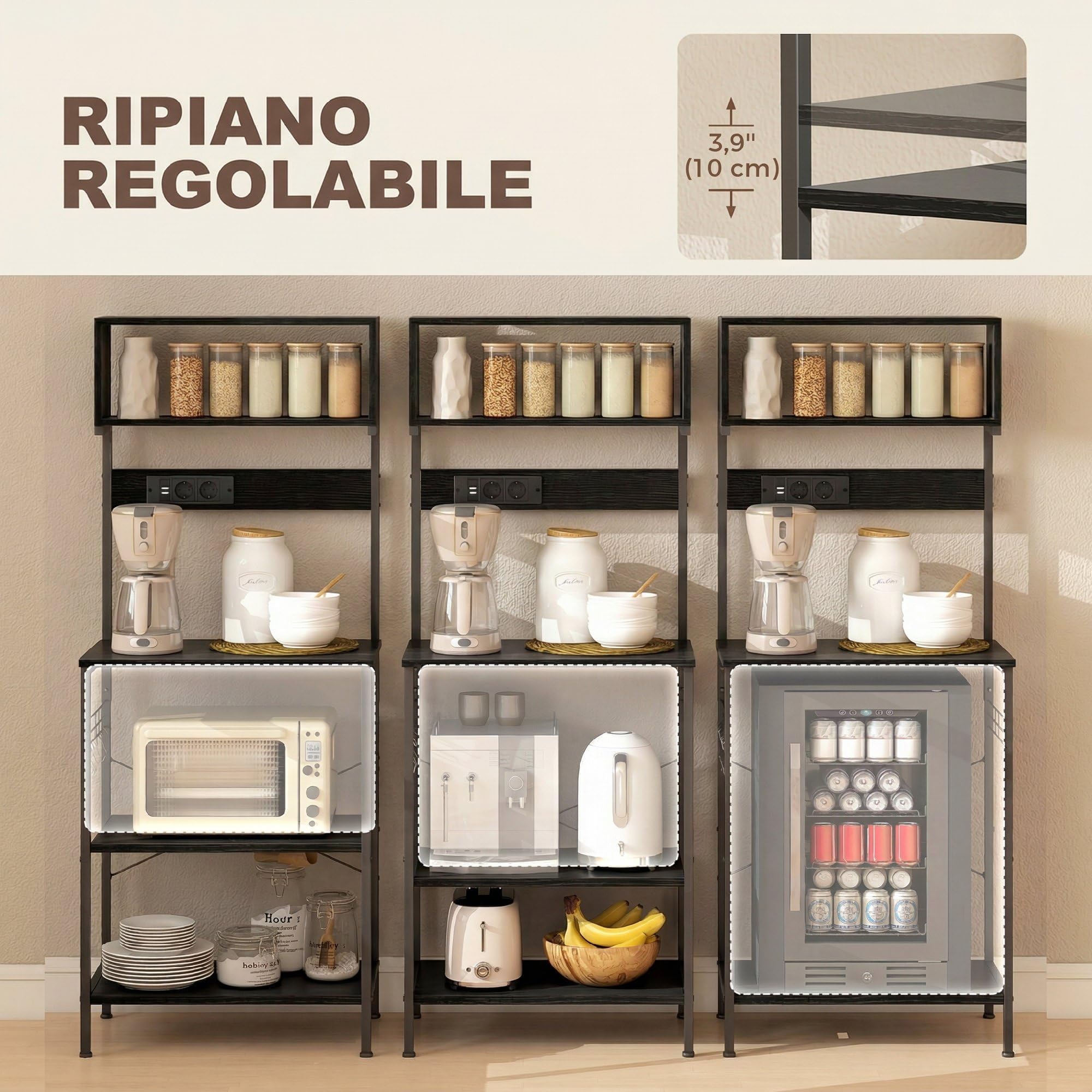 HOMCOM Scaffale da Cucina con Multipresa, Scaffale per Microonde con Ripiani e Ganci Stile Industriale, Mobile Cucina Vintage con Struttura in Acciaio, 60x42x153cm, Nero