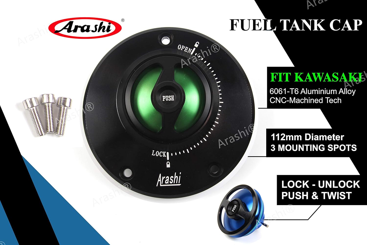 Arashi CNC Keyless Fuel Tank Gas Cap Cover for Kawasaki Ninja ZX10R / ZX1400 / ZX14R / ZZR1400 / ZX6R ZX636 / ZX6RR / ZX9R / ZZR1200 / ZZR600 / ER400 ER4N / VERSYS 650 / VERSYS 1000 Gold