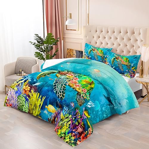 Miniatura 2 de Juego de edredón con diseño de tortuga y rosas, tamaño Queen, diseño de medusas y estrellas de mar, animales marinos, reptiles y 2 fundas de