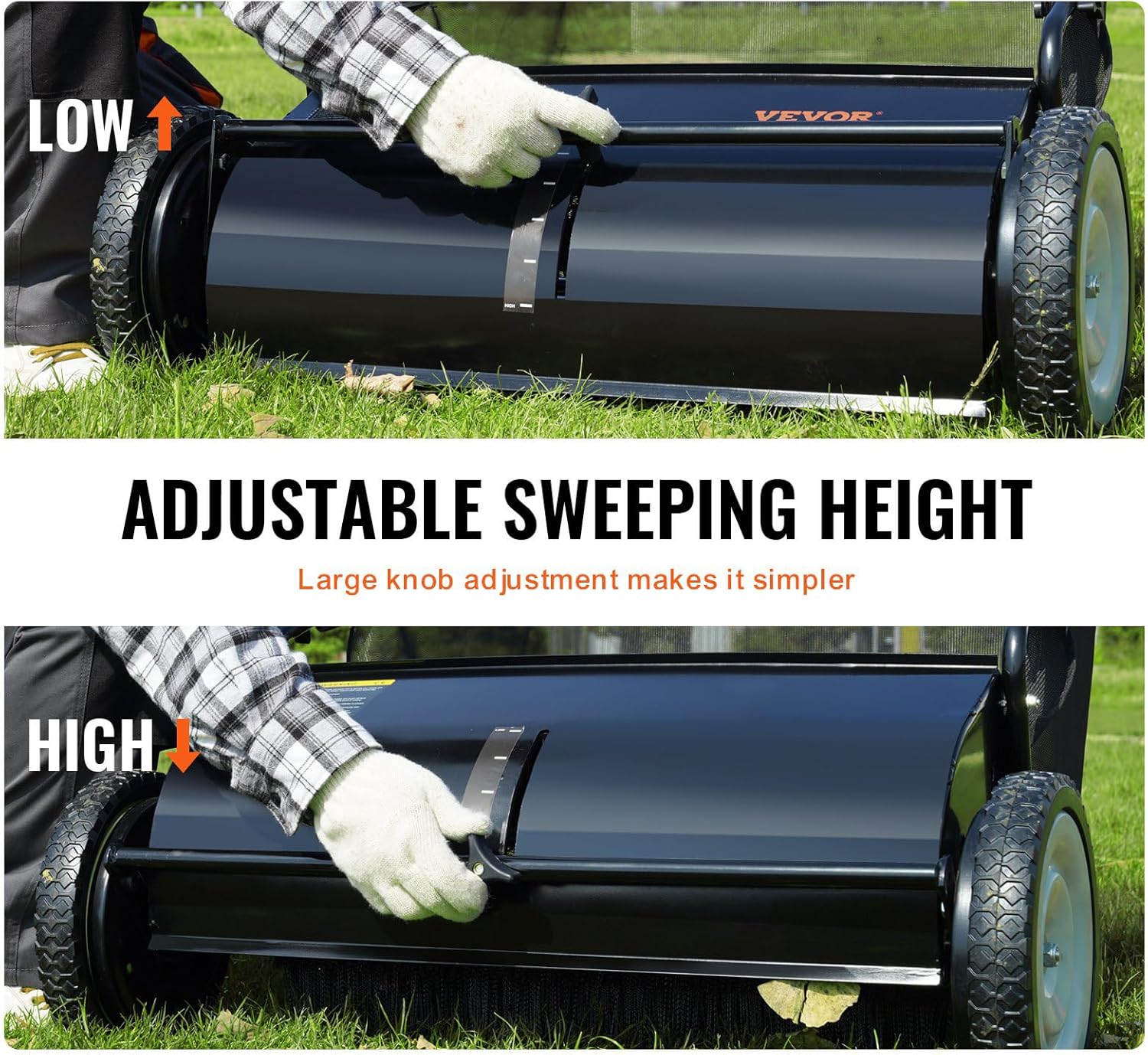 26" Push Lawn Sweeper, Heavy Duty Adjustable Height Push Grass Sweeper, Strong Rubber Wheels & Heavy Duty Steel Durable with Large Capacity 7 ft³ Mesh Collection Bag, 4 Spinning Brushes