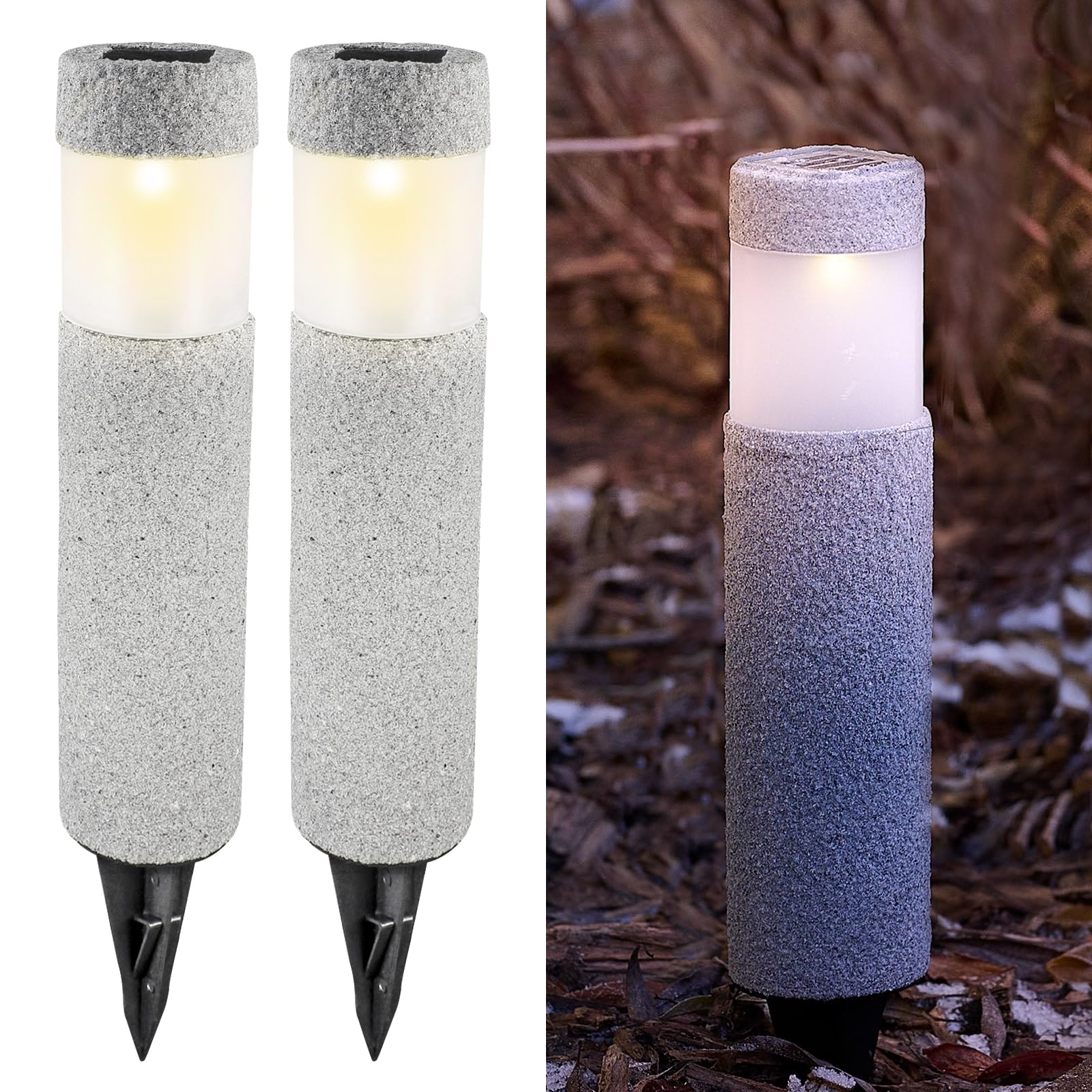 Eaxus Solarlichter onyX 12er-Set | LED Gartenleuchten mit Echtstein-Oberfläche | Wegeleuchten mit Erdspieß | Wetterfest | für Garten, Balkon & Terrasse | Grau