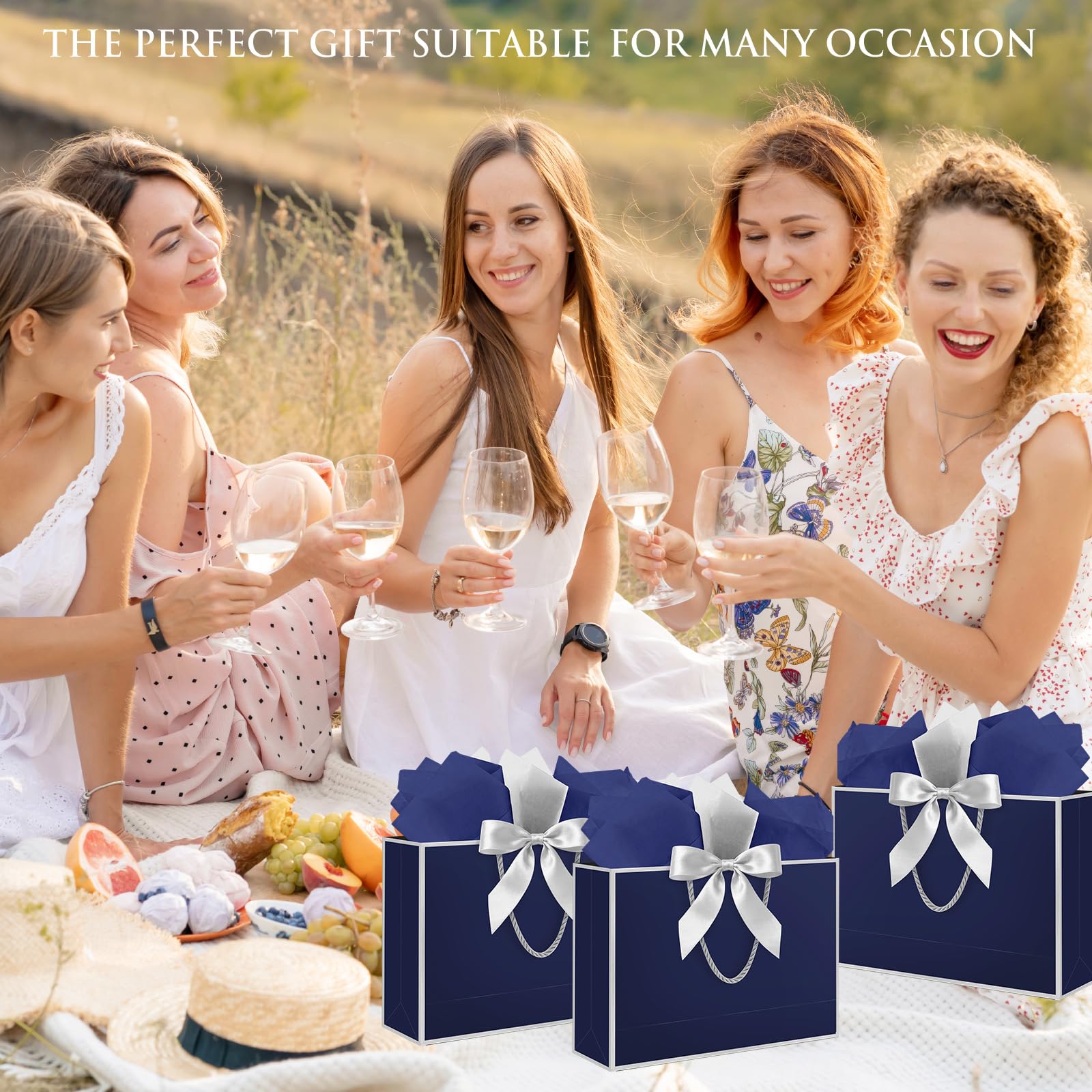 Ethhqu Fancy Large Gift Bags with Handles, 2 Pack 12.6x10x4 Inches - Includes Tissue Paper & Cards for Birthday, Valentine's Day, Baby Shower, Wedding, Anniversary & Holiday Gifts (Blue and Silver)