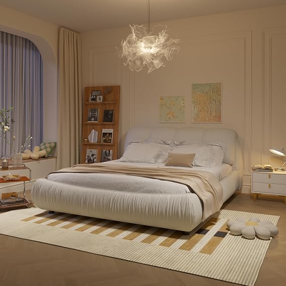 Luxury King Size Upholstered Platform Bed with Oversized Padded Headboard, Solid Wood Slats & Frame, Squeak-Free, Supports Multiple Mattress Heights, No Box Spring Needed, Cream Beige