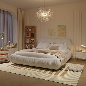 Luxury King Size Upholstered Platform Bed with Oversized Padded Headboard, Solid Wood Slats & Frame, Squeak-Free, Supports Multiple Mattress Heights, No Box Spring Needed, Cream Beige