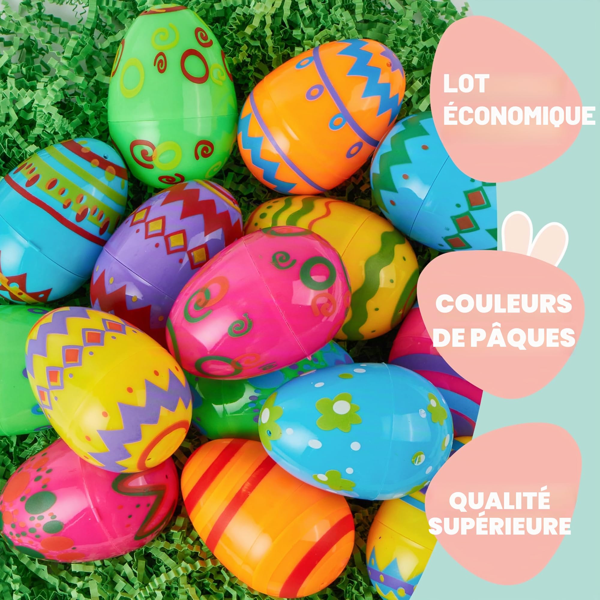 JOYIN 18PCS 8cm Oeufs de Pâques imprimés en plastique colorés vides remplissables pour chasse de Pâques