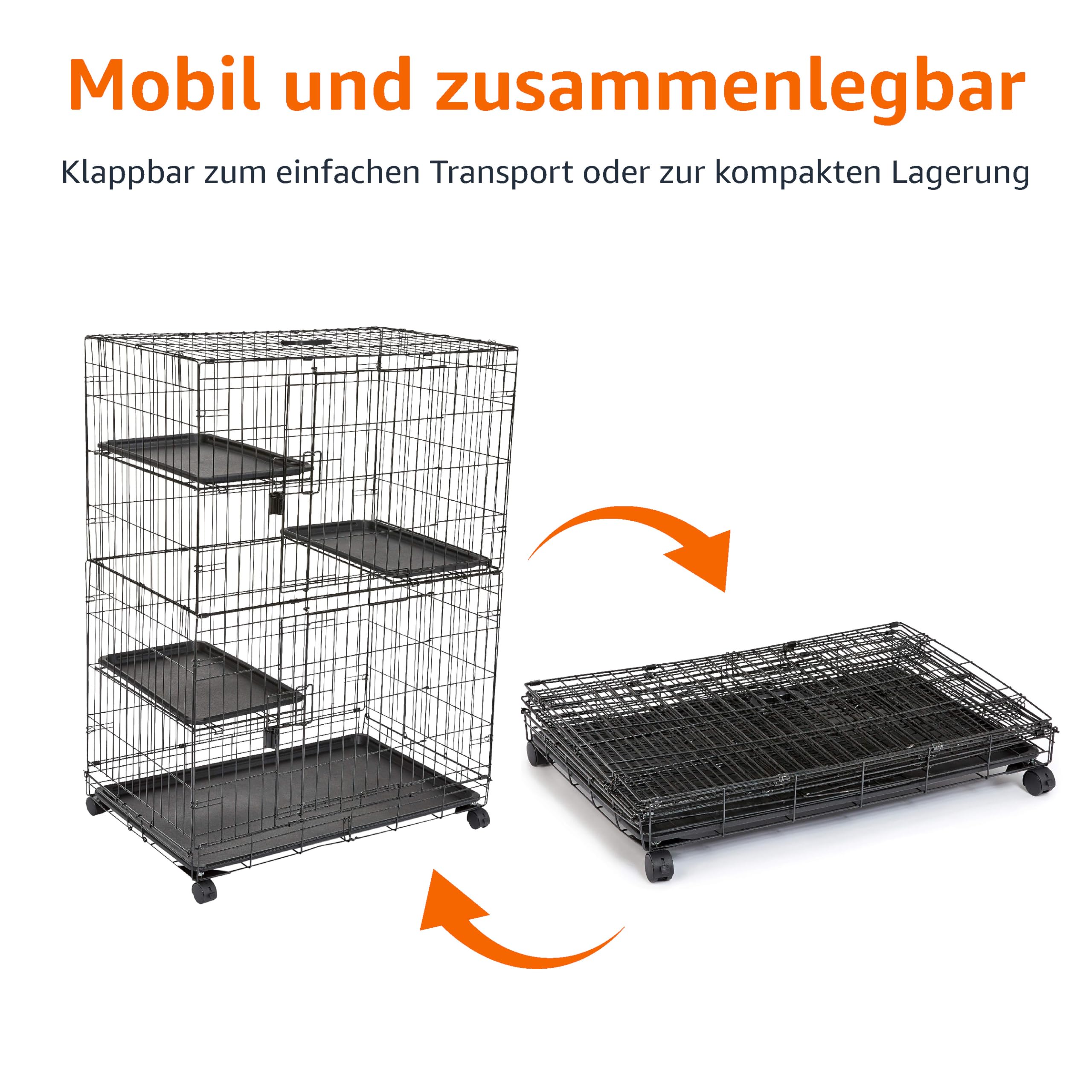 Amazon Basics Langlebig, biegsam Großer Katzenkäfig mit 3 Ebenen, Schwarz, L 91 x B 57 x H 129 cm