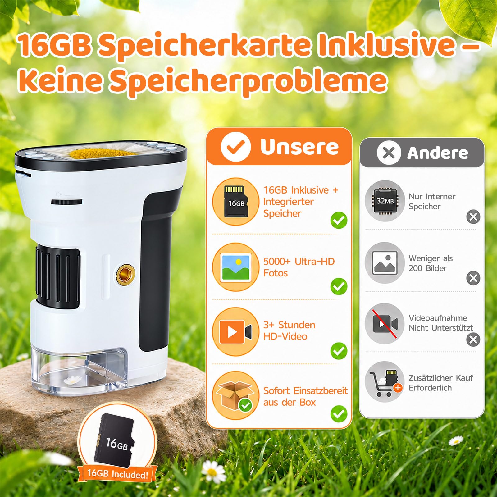 Digitales Mikroskop für Kinder mit 16GB Speicherkarte, 1000X Kinder Mikroskop mit 1080P HD 2,0" IPS‑Bildschirm, LED-Licht & USB, Kindermikroskop zum Lernen, Entdecken & Naturbeobachten, ab 6 Jahre