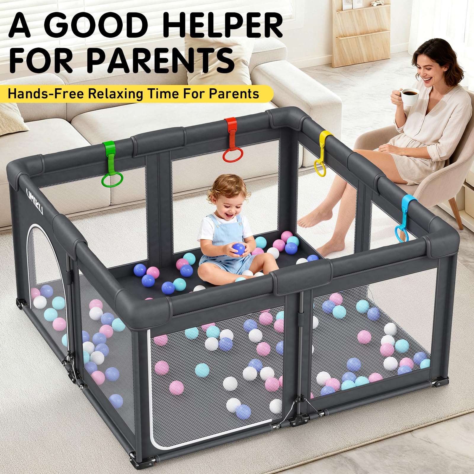 Parco giochi pieghevole per neonati e bambini piccoli, grande box con 2 porte, recinto per interni ed esterni, 4 maniglie, 50 palline, regali essenziali per