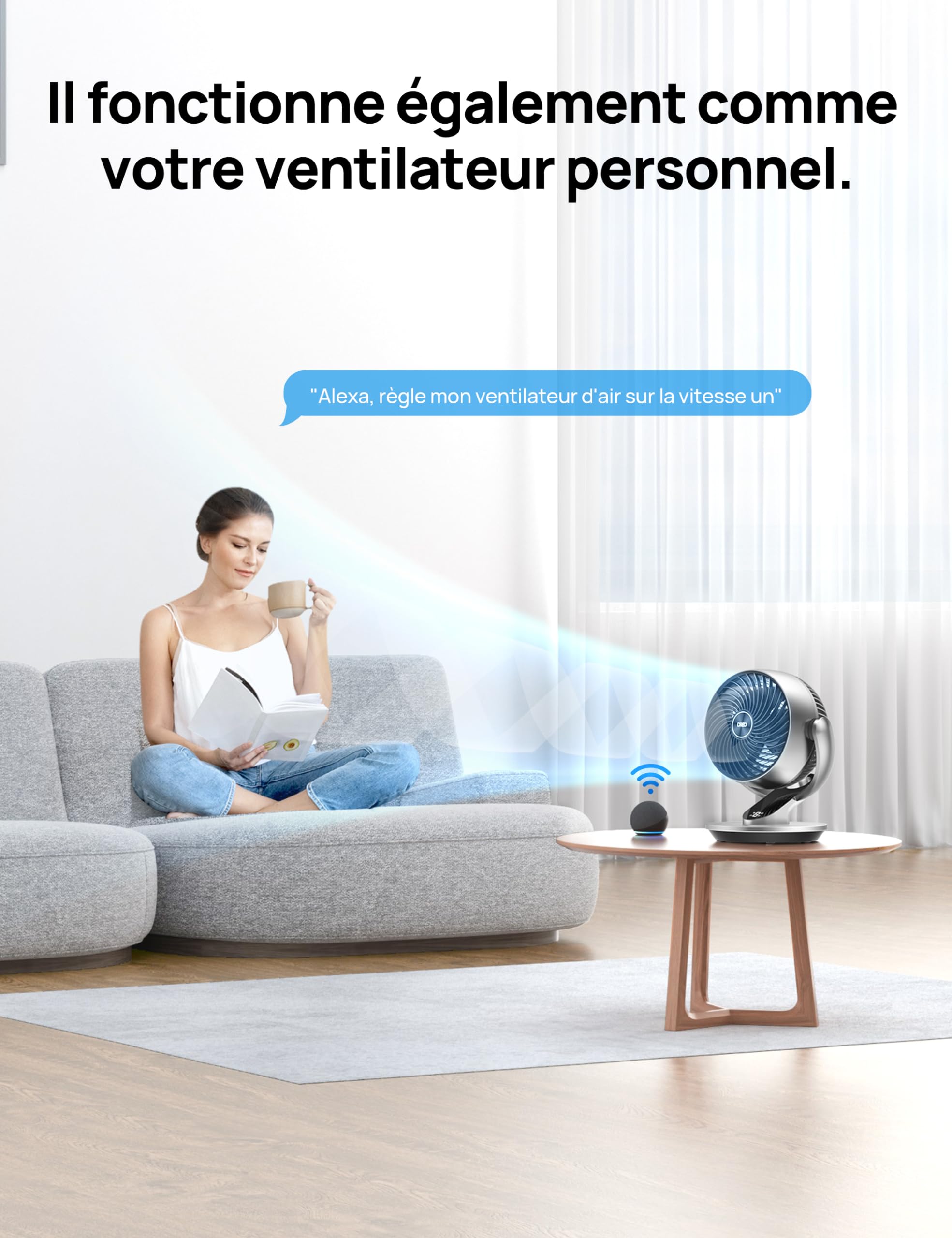 DREO Ventilateur de table 28 dB, 18 cm, 4 vitesses, 5 modes, minuterie 12h, oscillant à 120° + 90° avec télécommande, commande vocale, refroidissement, Lynx S, argent.