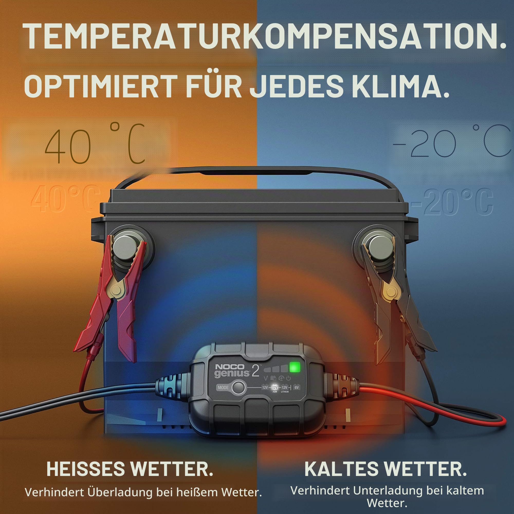 NOCO GENIUS2: 2A 6V/12V Smart Batterieladegerät - Automatischer Pfleger, Erhaltungsladegerät & Desulfator mit Überladeschutz & Temperaturkompensation - Für Blei-Säure- & Lithium-Batterien