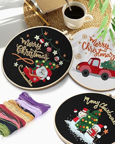 Miniatura 5 de Kit de bordado de Navidad para principiantes adultos, 3 juegos de kit de práctica de puntada de bordado, incluye aros de tela bordada, hilos para
