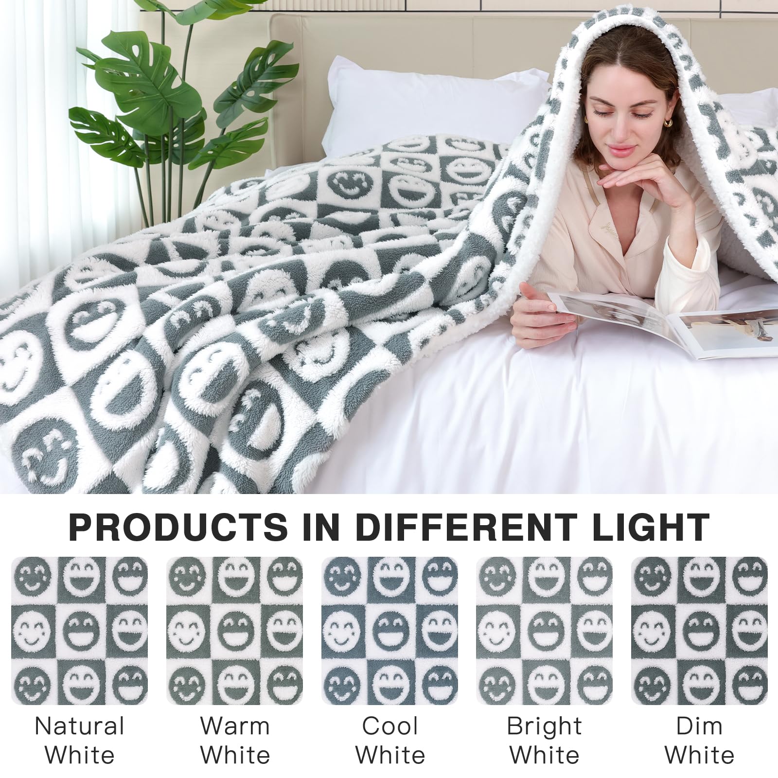PanxHome Coperta Sherpa, Coperta Pile, 520GSM Coperta Matrimoniale, Super Coperta Jacquard Morbida e Accogliente, 160x200 cm, Smiley Jacquard Grigio