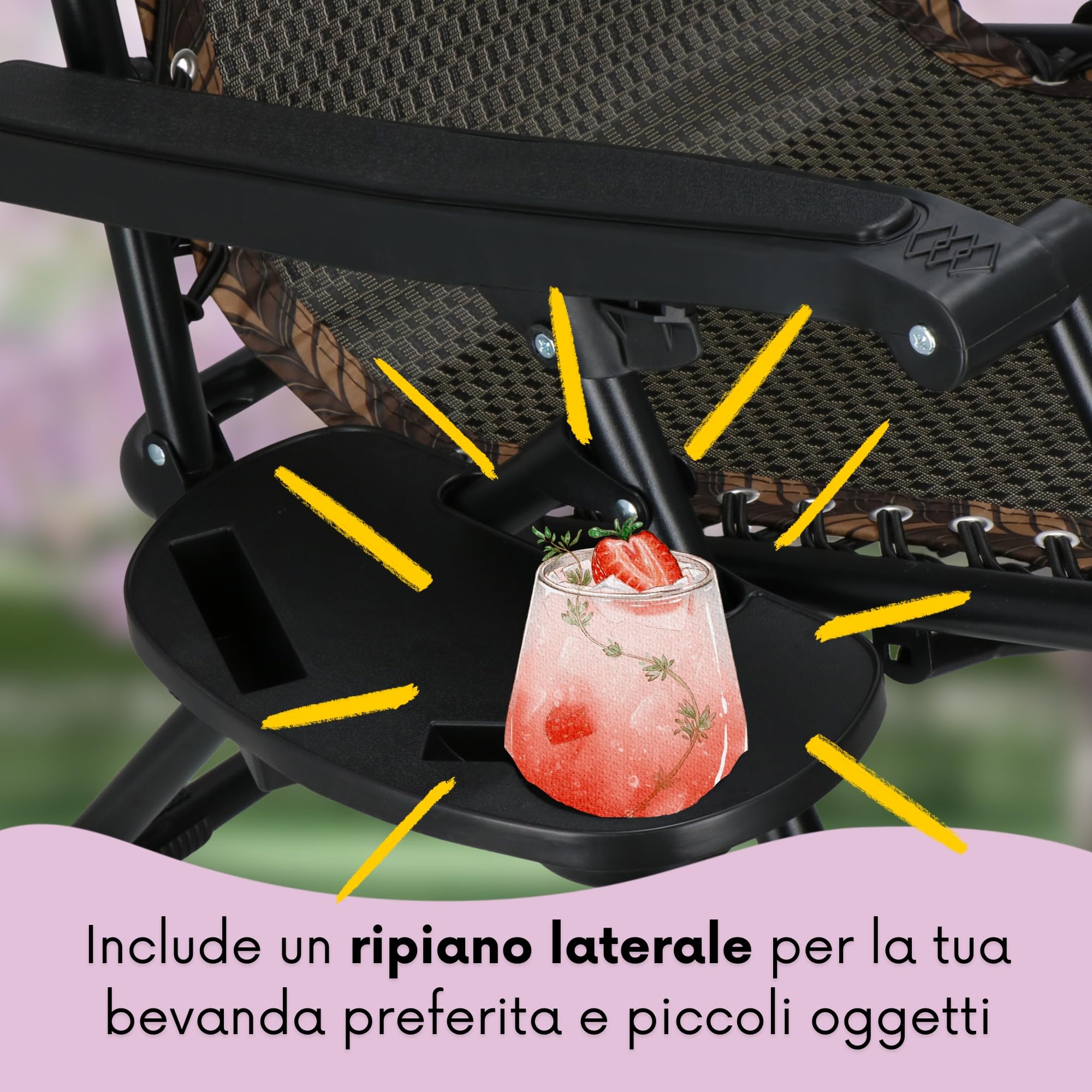 SPRINGOS Sedia a sdraio da giardino pieghevole con poggiapiedi & tettuccio parasole, braccioli, tasca laterale & tavolino, reclinabile 110x67x175 cm, carico max 120 kg, beige-marrone