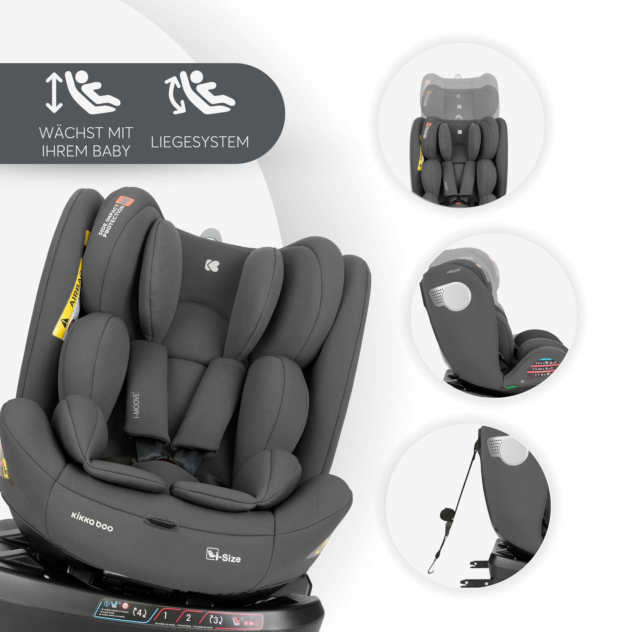 KikkaBoo Kindersitz 9-36 kg mit ISOFIX & 360° Drehung i-MOOVE 2, i-SIZE, 40-150 cm Reboarder, Rückwärts/Vorwärtsgerichtet, Verstellbare Kopfstütze, Liegefunktion, Dunkelgrau