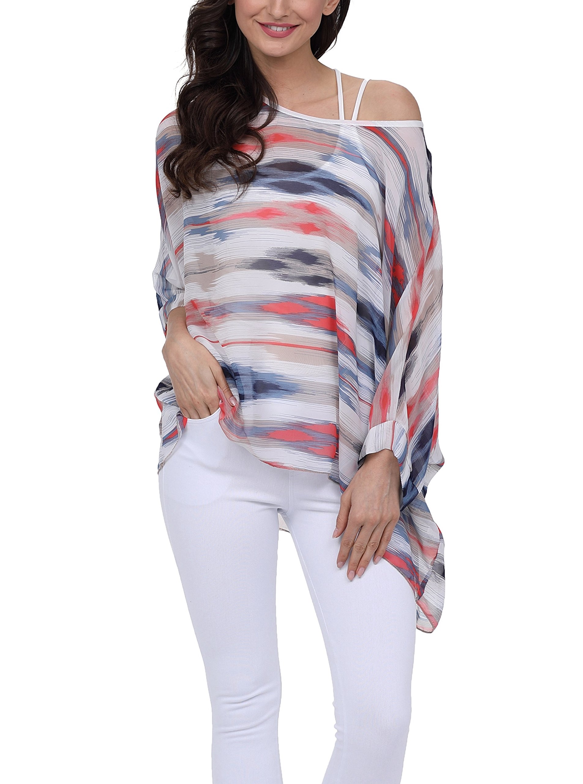 Plus Size Floral Chiffon Batwing Sleeve Tunic Blouse Boho Off-Shoulder Beach Cover Up Loose Summer Tops for Women