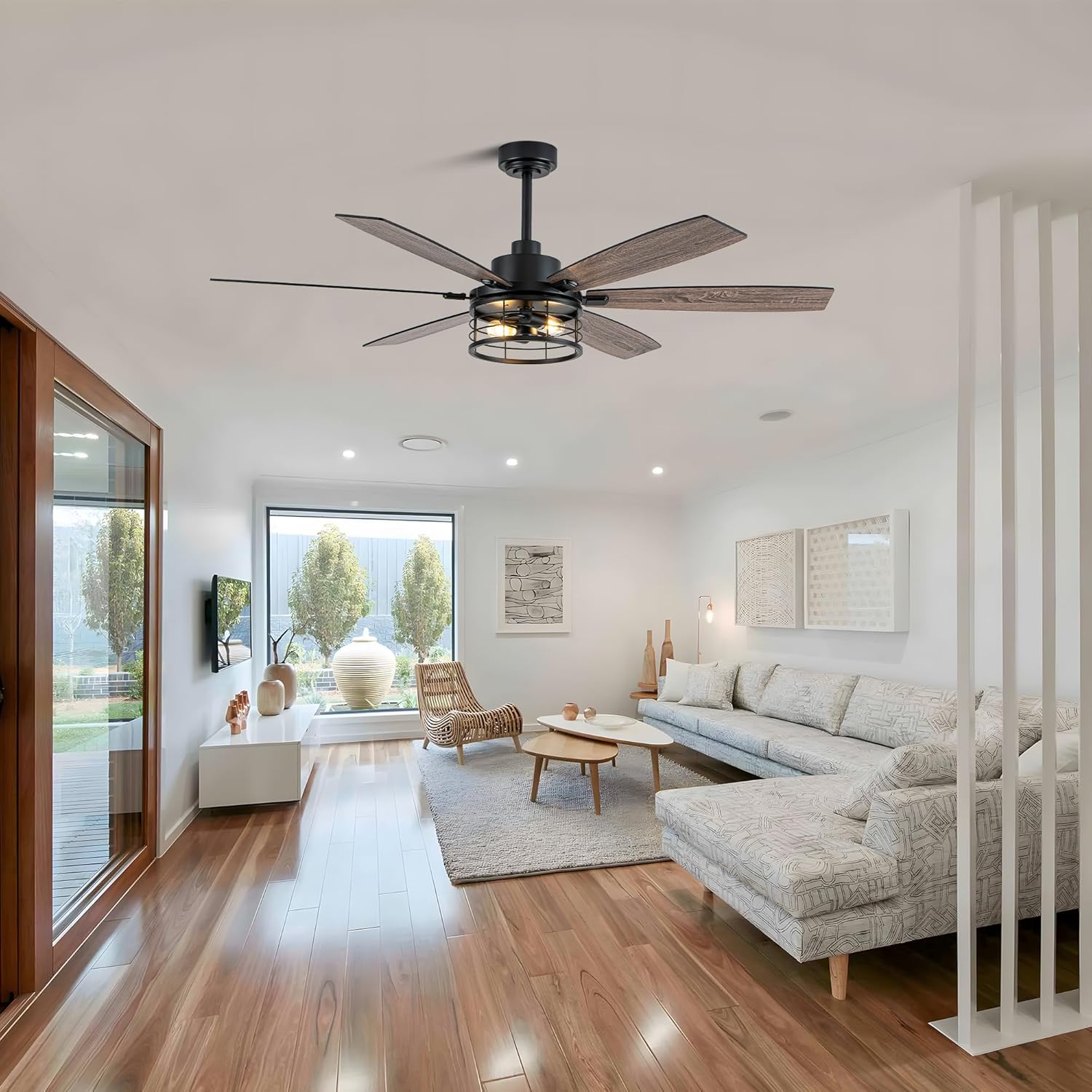 60" Large Ceiling Fans with Lights,Modern Farmhouse Caged Ceiling Fan with Light and Remote,6 Speeds,Reversible Motor,6 Double Finish Wood Blades,Black Rustic Ceiling Fan for Living Room Dining Room