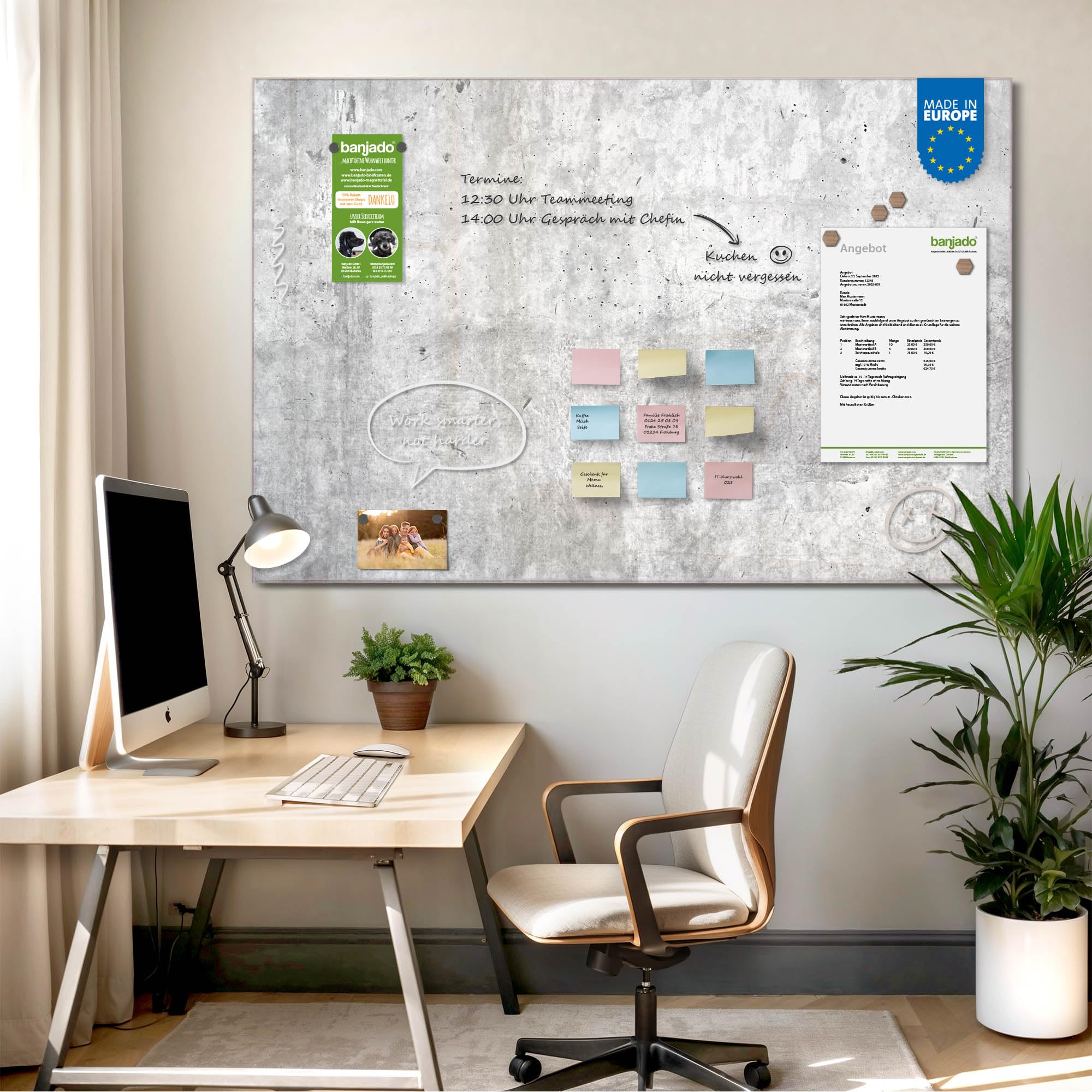 banjado Magnettafel aus Glas in 90x60cm mit Stein- und Betonlook