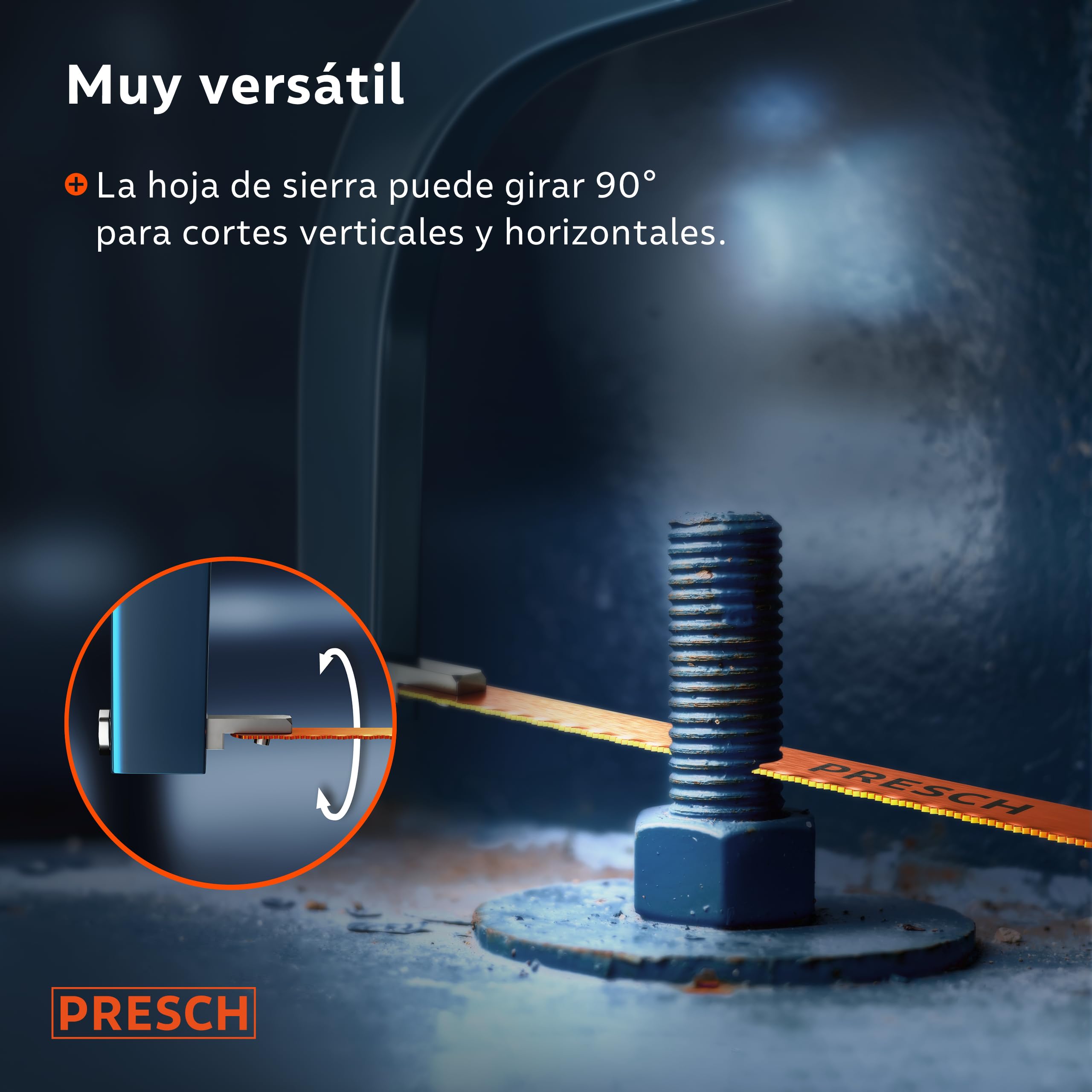 Presch Sierra de arco 300mm - Con hoja de sierra BI-metal para un corte preciso - 90° Rotación de la hoja de sierra para cortes horizontales y verticales - Mango con llave de tensión incluida