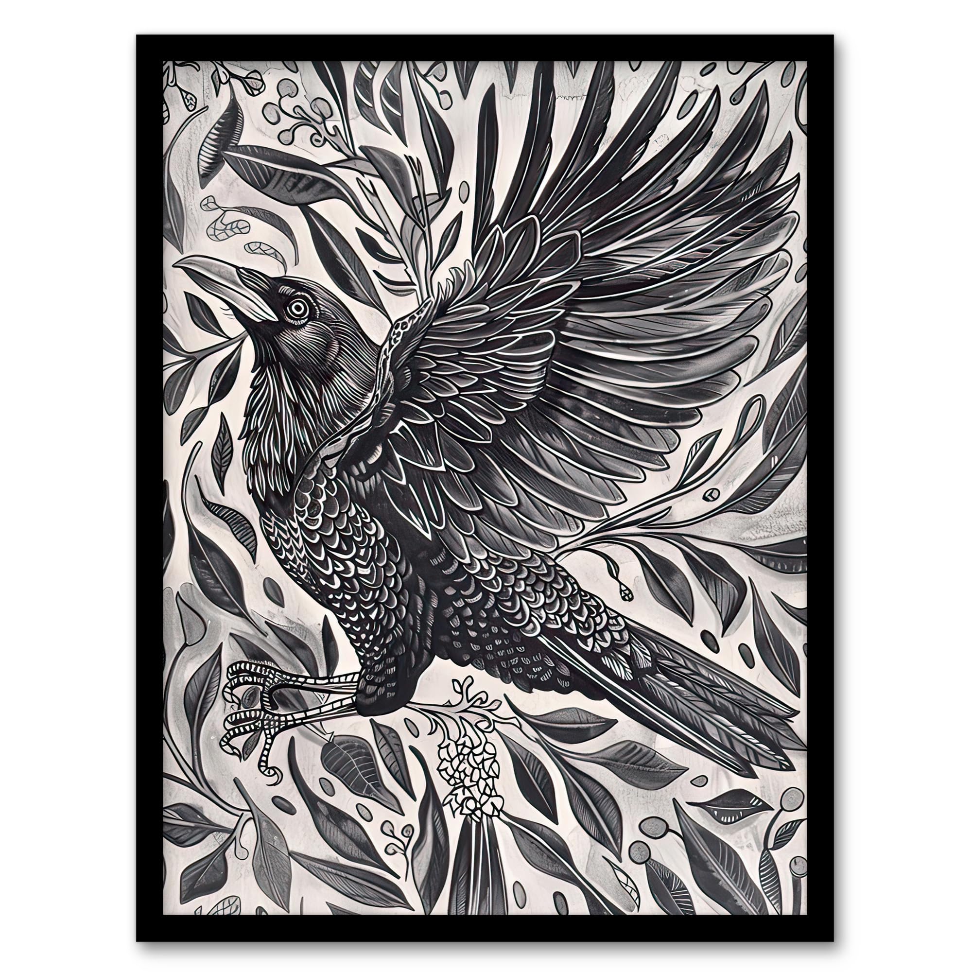 Artery8 Wild Black Raven in Flight Painting Magic Gothic Living Room Artwork Framed Wall Art Print A4