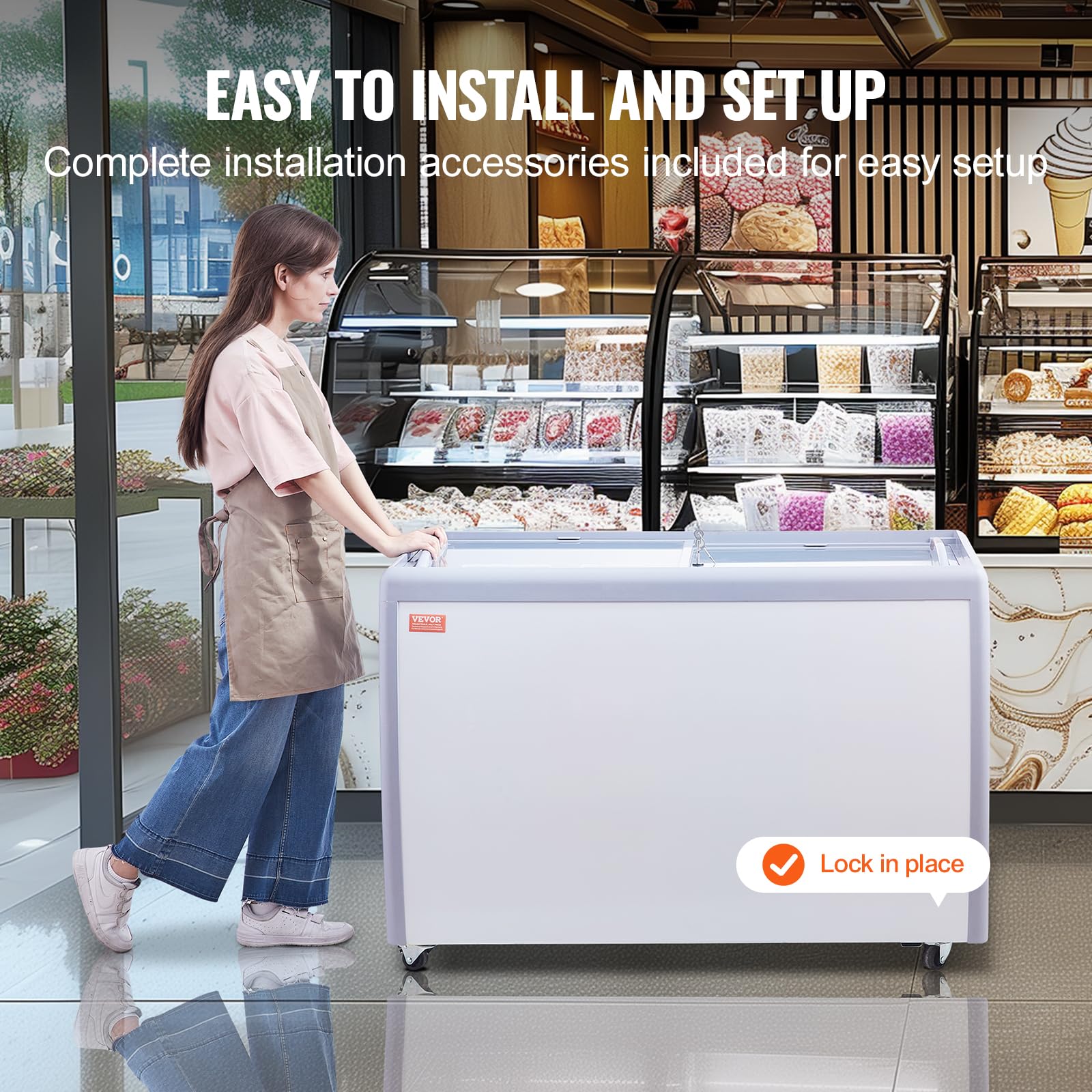 VEVOR Vitrina Comercial para Helado, Congelador Horizontal de 370 L, Móvil con Tapa de Vidrio, con 8 Tinas Grandes, 2 Puertas Corredizas de Vidrio, Ruedas con Bloqueo, Blanco, 1260 x 715 x 875 mm