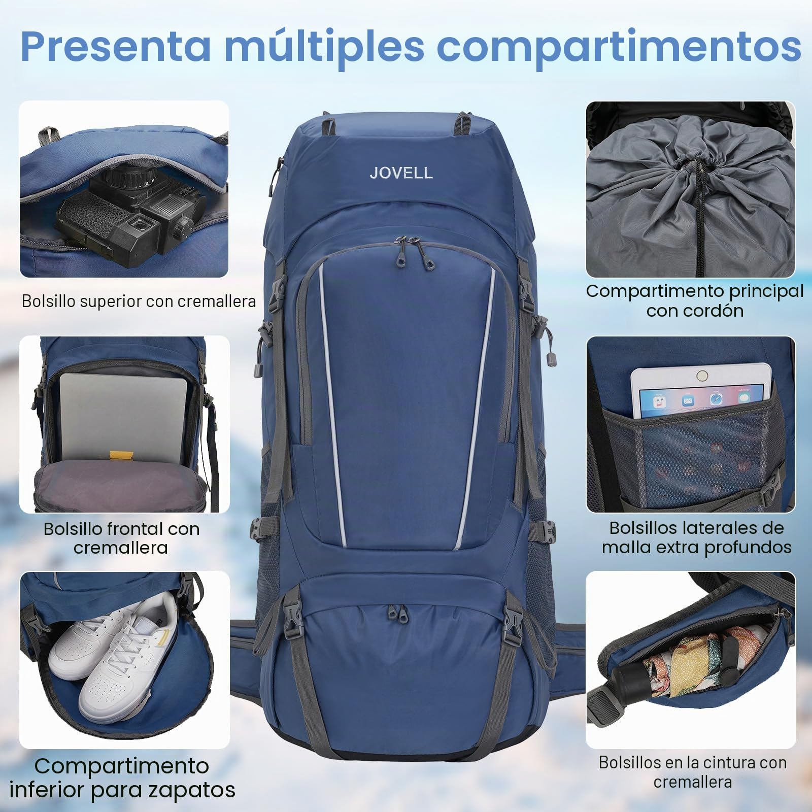 70L Mochila de Senderismo con Cubierta para Lluvia, Paquete de Viaje y Camping para Deporte al Aire Libre, Escalada, Excursionismo y Senderismo, Equipaje de Mochilero para Hombres y Mujeres (Azul)